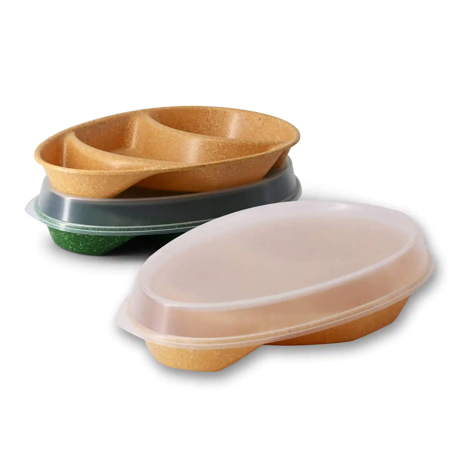 Image of three reusable menu plates with three compartments, colored brown and green, stacked together.