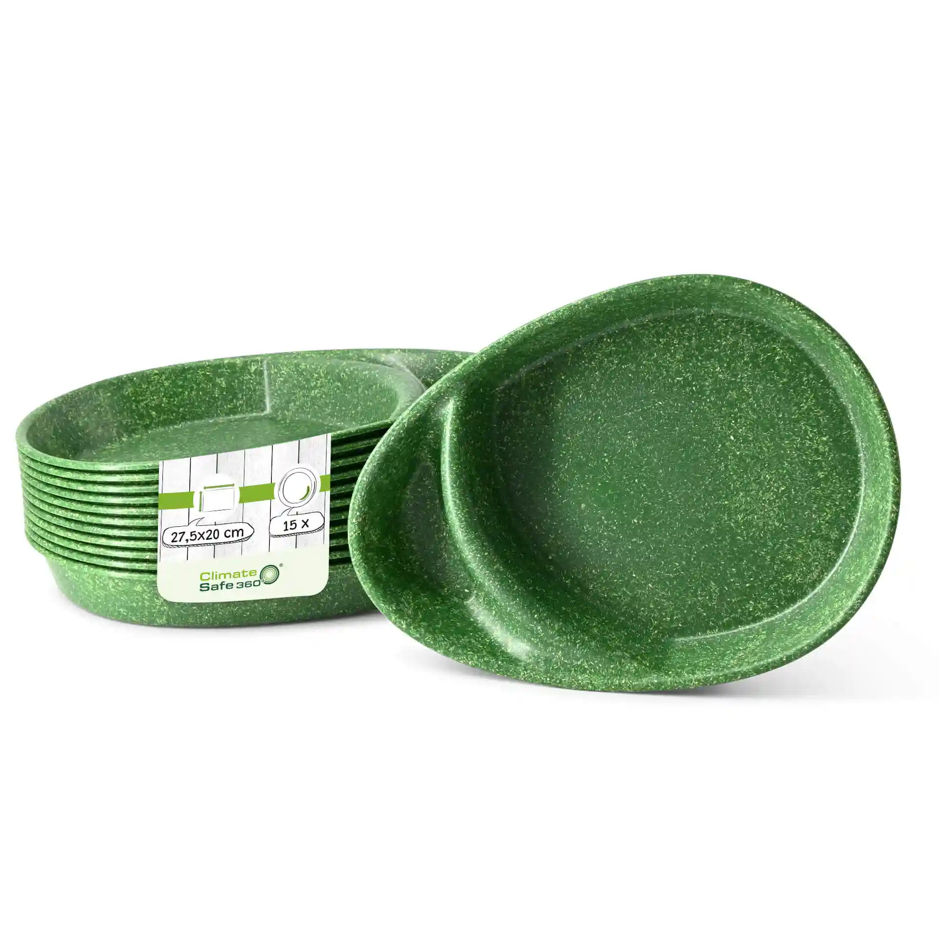 Set aus dunkelgrünen, wiederverwendbaren, geteilten Tellern mit zwei Fächern, 27,5 × 20 cm groß.