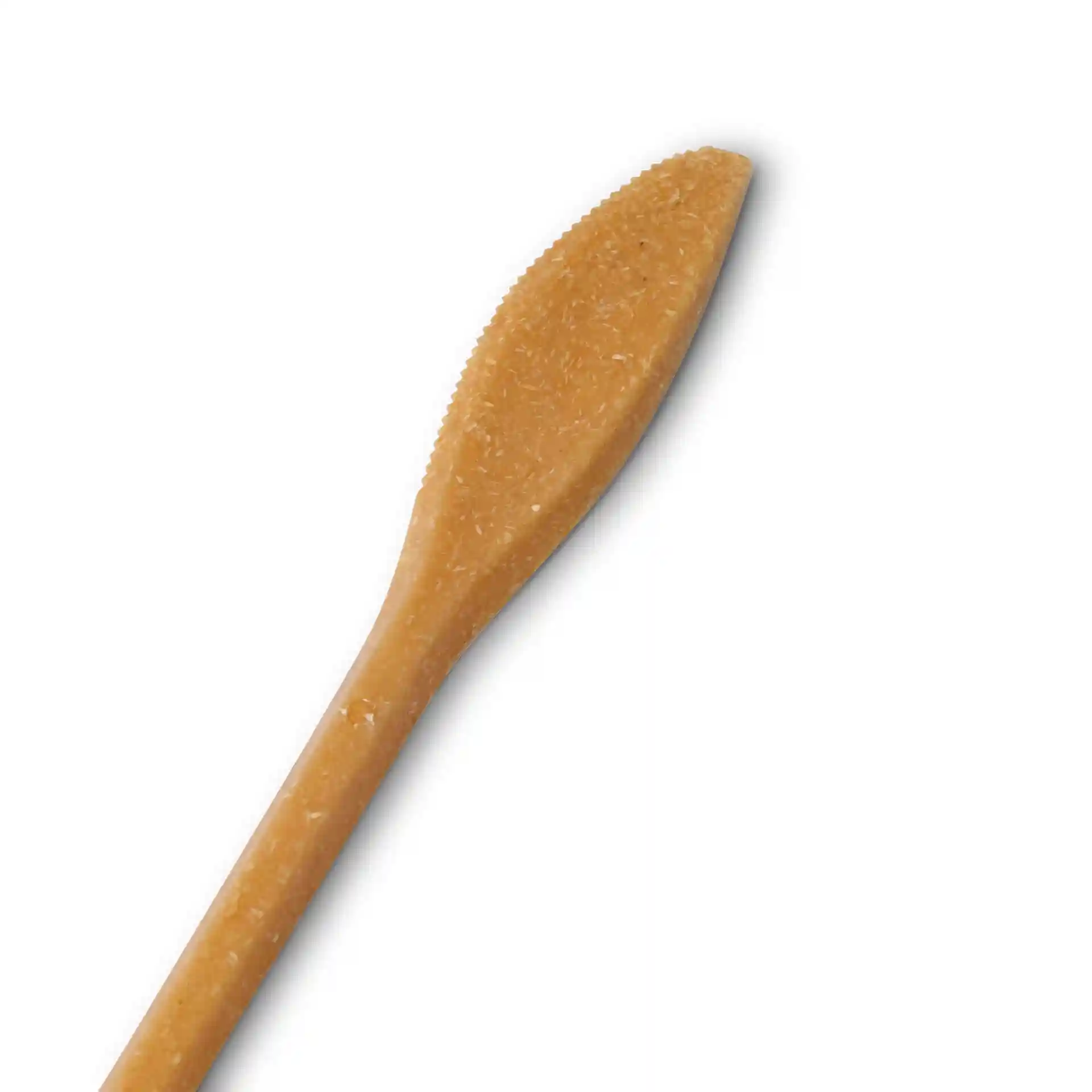 Brown reusable knife, 18 cm long, made from bio compound material, with a smooth edge and textured handle.