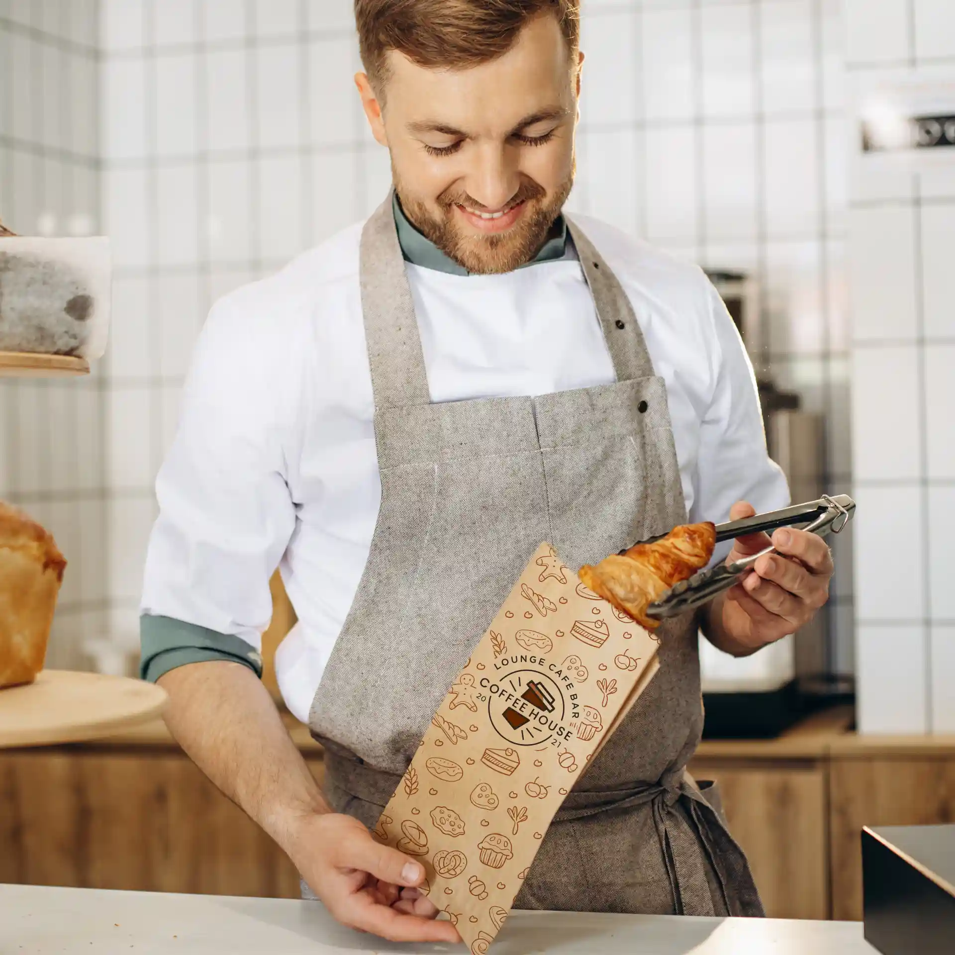 A man in a gray apron holds a printed brown cardboard bread bag with a croissant inside, smiling in a café setting.