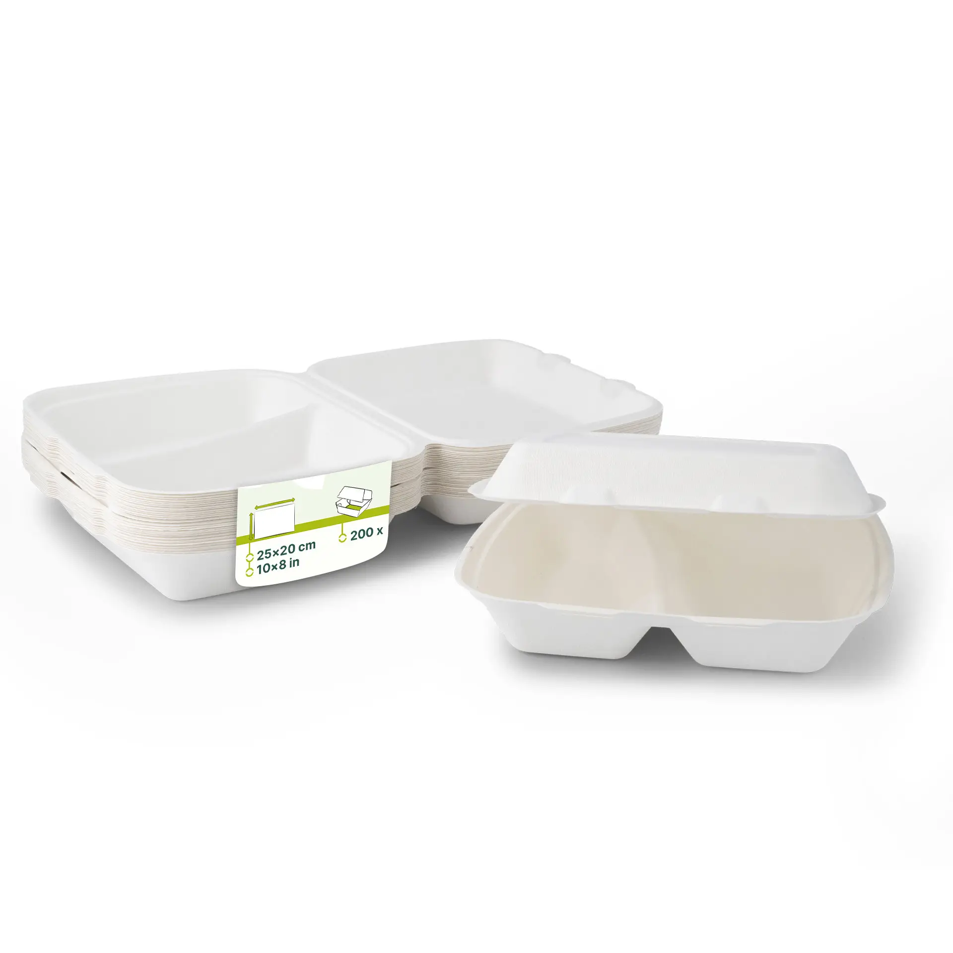 Menüboxen aus Zuckerrohr 25 x 20 x 7,5 cm, 2 Kammern, HP4/2, rechteckig Menüboxen aus Zuckerrohr 25 x 20 x 7,5 cm, 2 Kammern, HP4/2, rechteckig