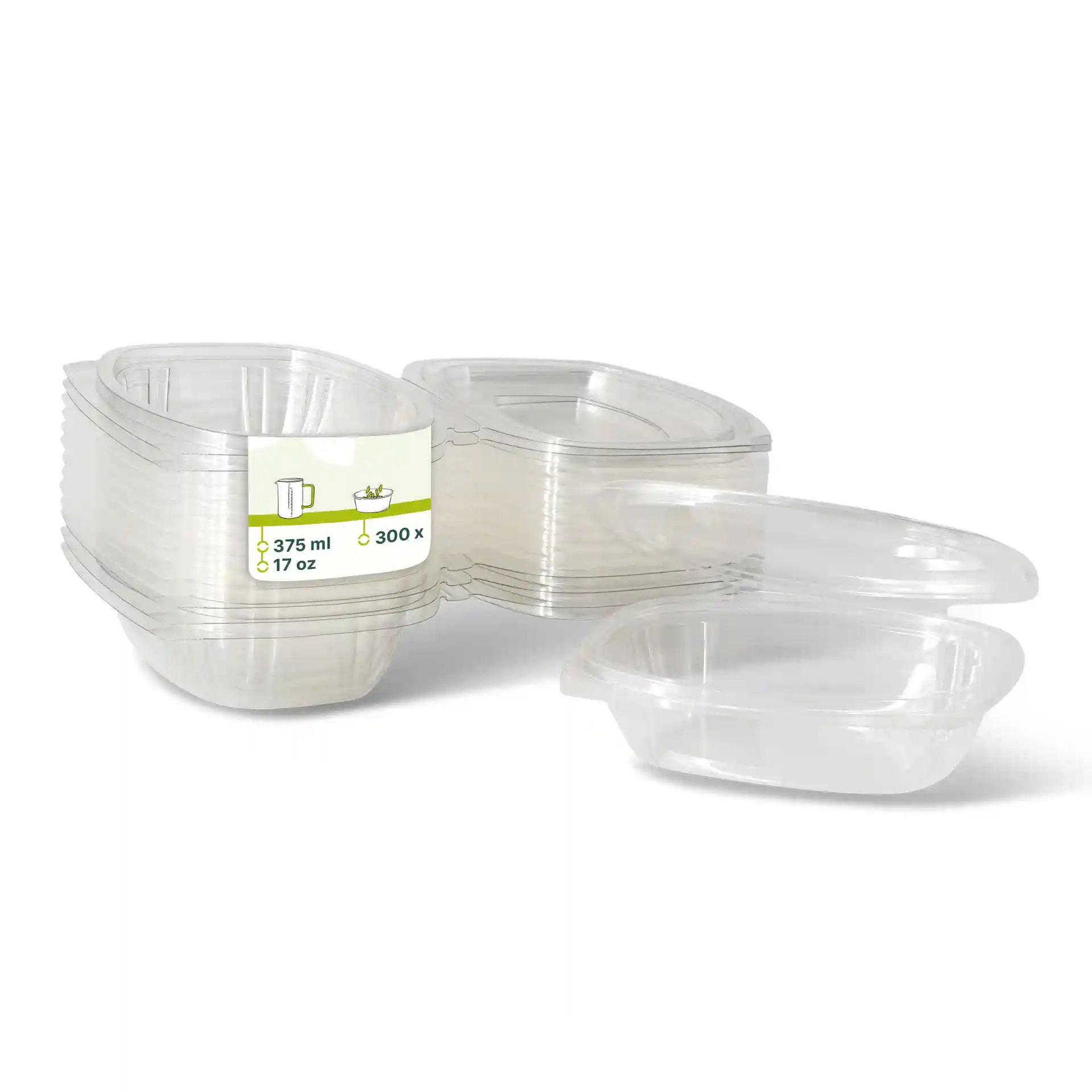 Transparent rectangular PLA deli bowls with folding lids, showing multiple stacked bowls and one on the side.
