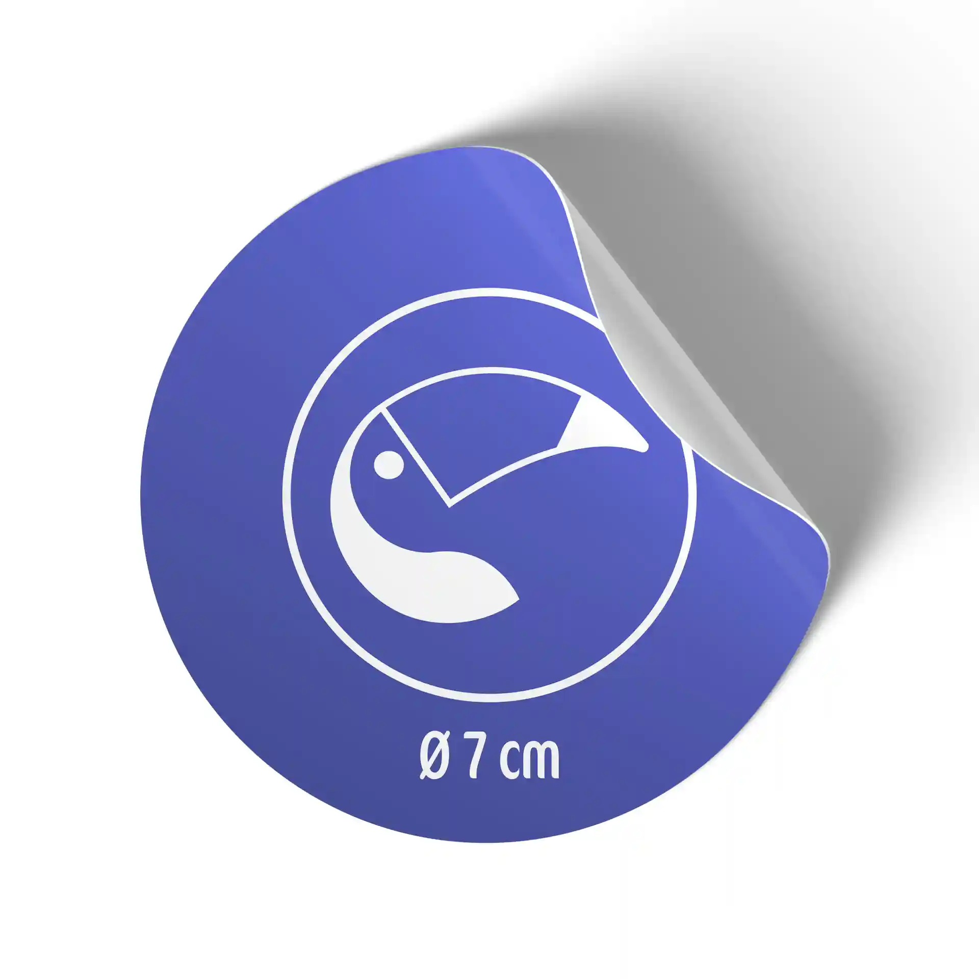 Round blue label with a white design and a partially peeled edge, measuring 7 cm in diameter.
