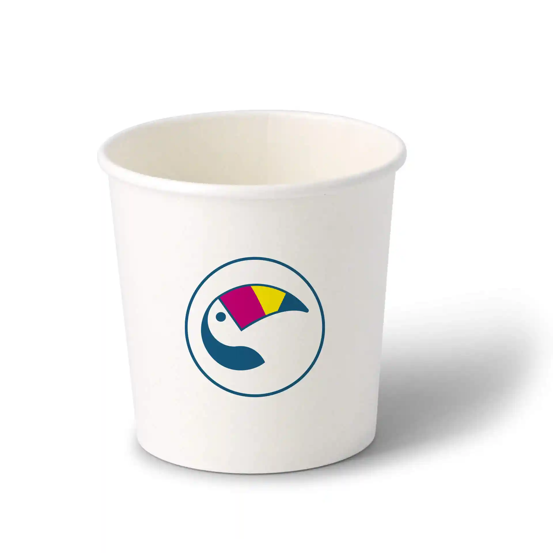 Weißer Pappbecher für Eis mit einem Tukan-Logo, 300 ml Fassungsvermögen, runde Form und wasserbasierter Beschichtung.