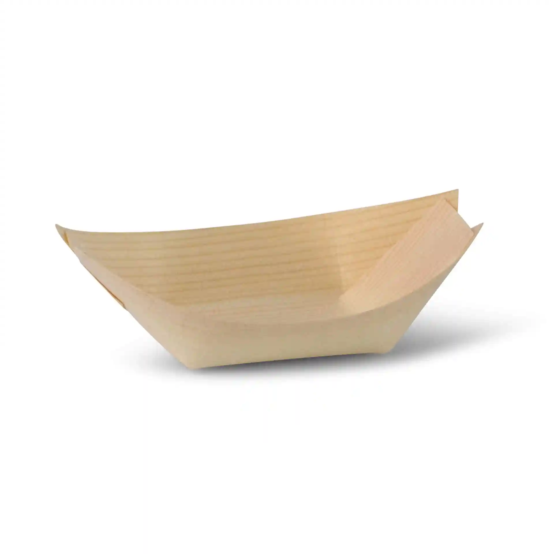 Holzboot-förmige Servierplatte, 11 cm lang, aus braunem Holz ohne Beschichtung.