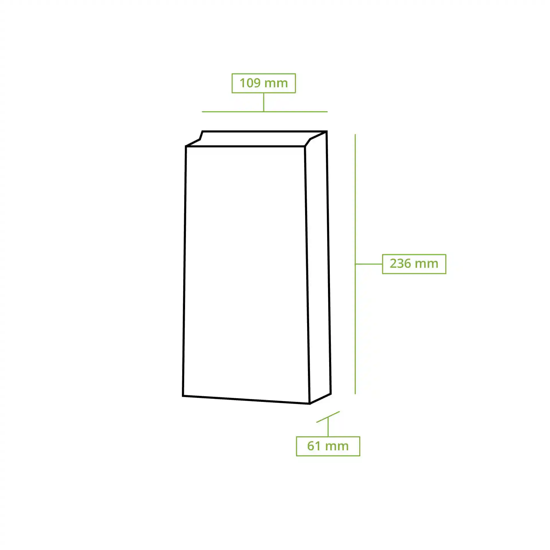 Schematische Zeichnung einer Blockbodenbeutels mit Abmessungen 110 mm Länge, 60 mm Breite und 235 mm Höhe.