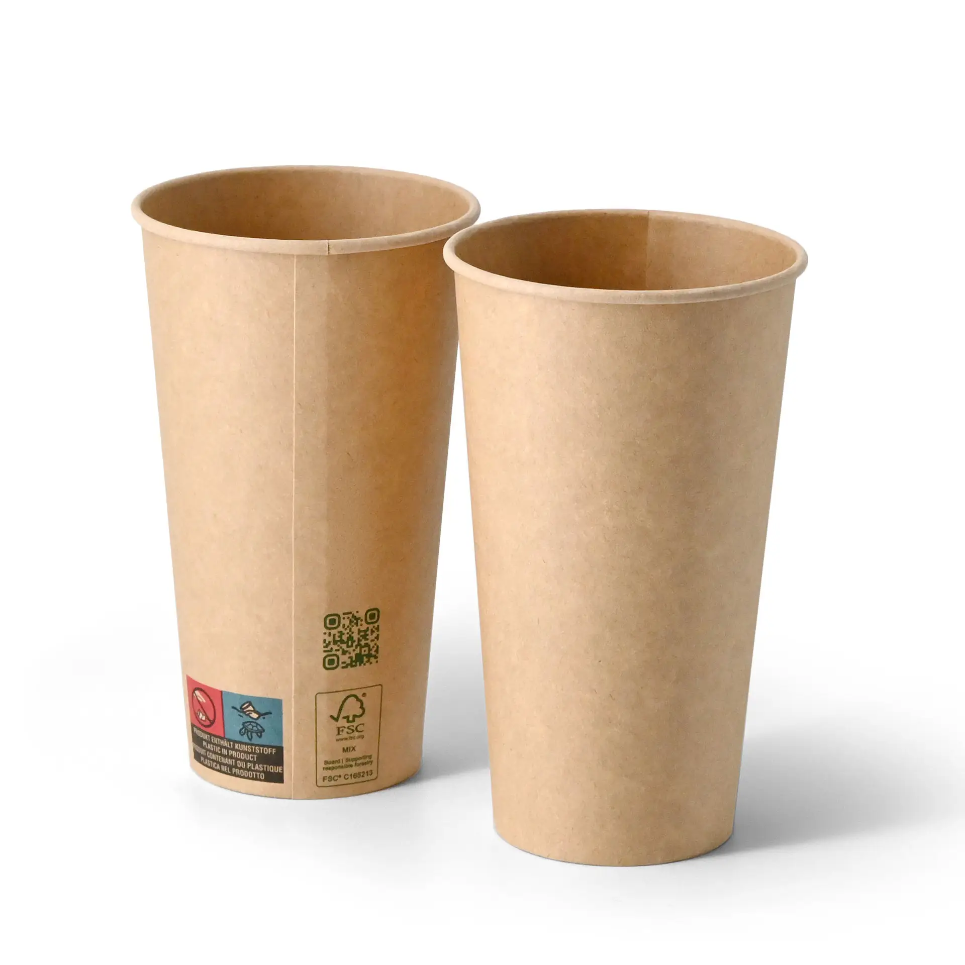 Single-wall brown paper cups, 500 ml, with PLA coating for hot and cold drinks, featuring a QR code and sustainability labels.