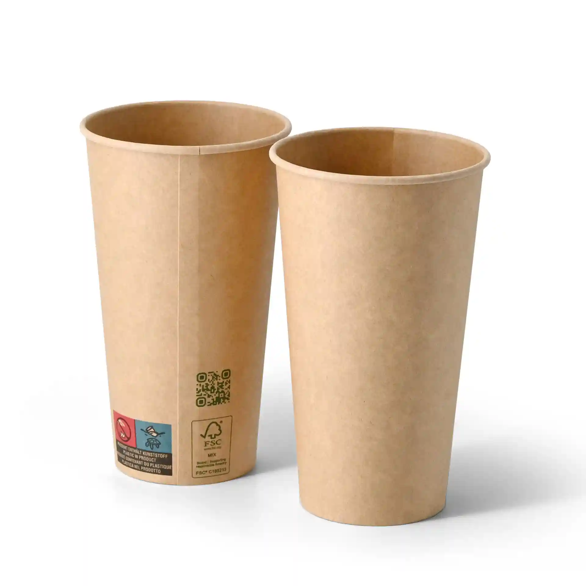 Braune Becher aus Papier mit einfacher Wand, 500 ml Fassungsvermögen und 90 mm Durchmesser, seitlich gezeigt.