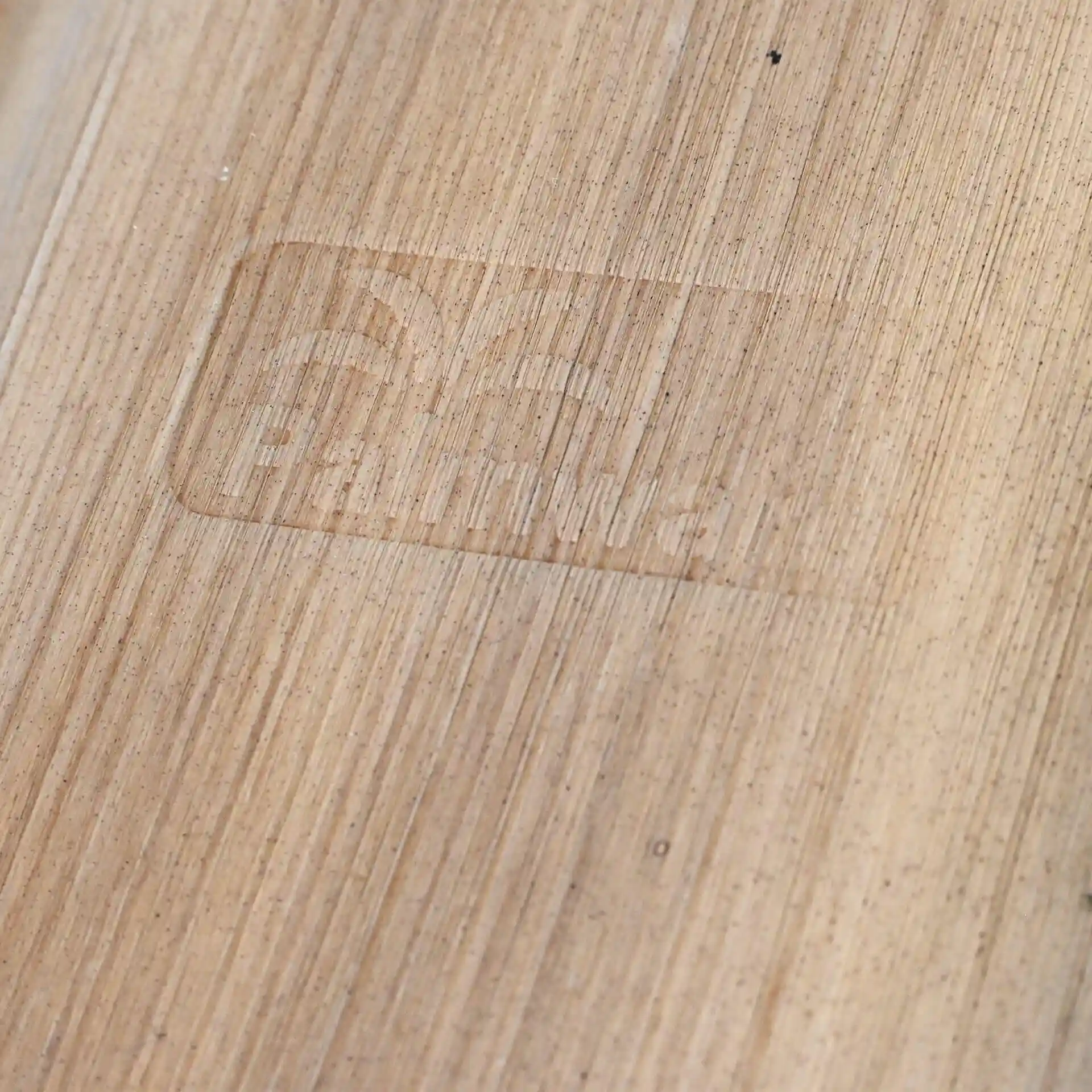 Image of a light brown palm leaf plate with a faint logo imprint on the surface.