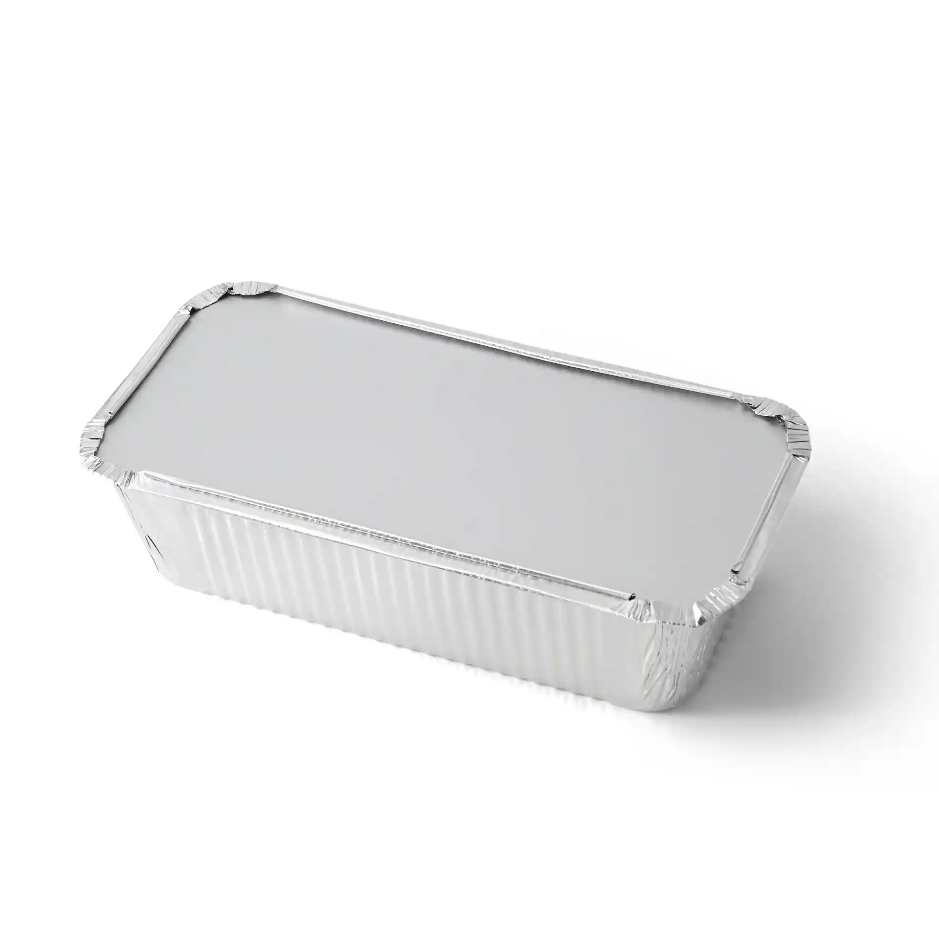 Rectangular aluminium container with a cardboard lid, measuring 212 mm by 108 mm.