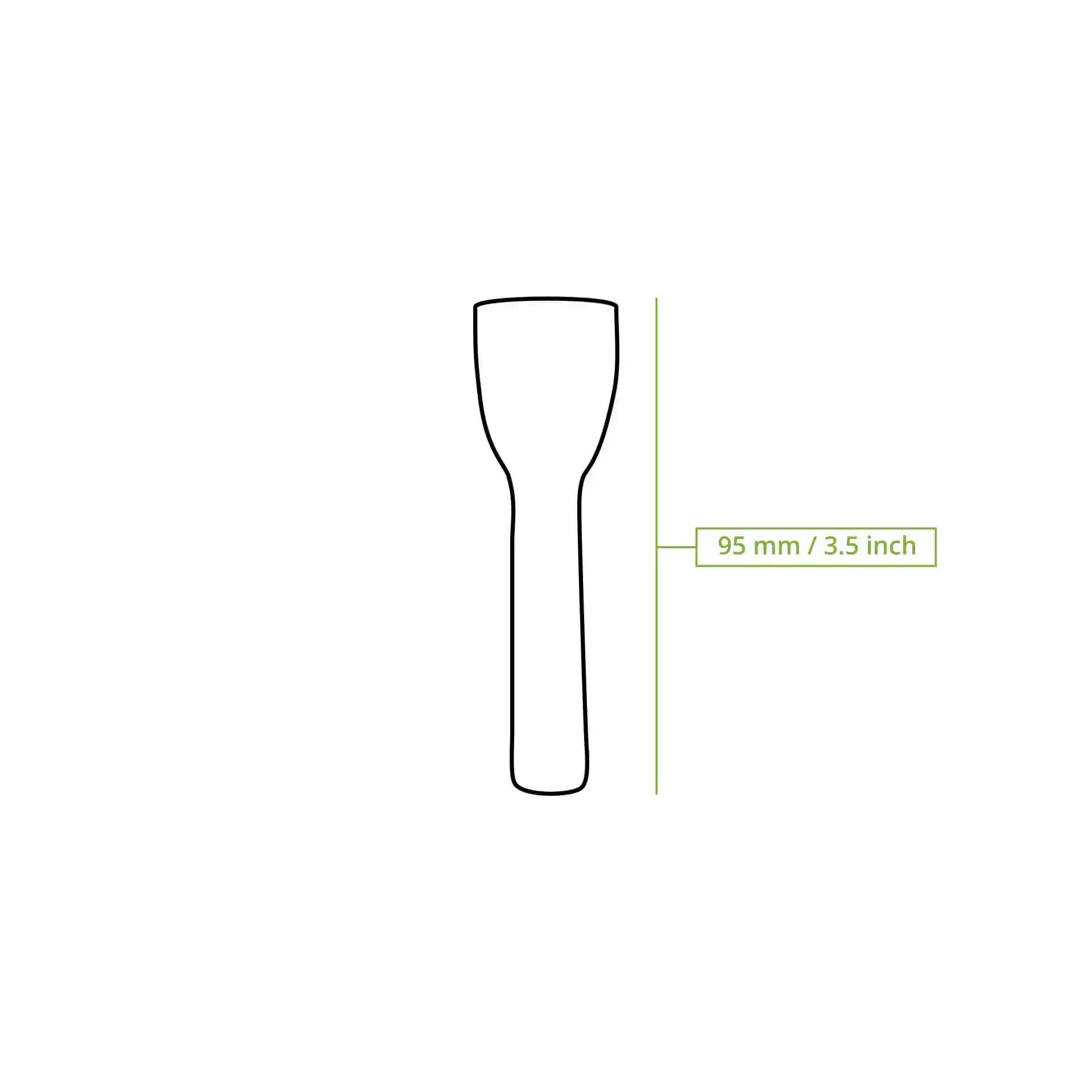 Schematic drawing of a reusable ice cream spoon, 95 mm long, with a brown handle and rounded scoop.