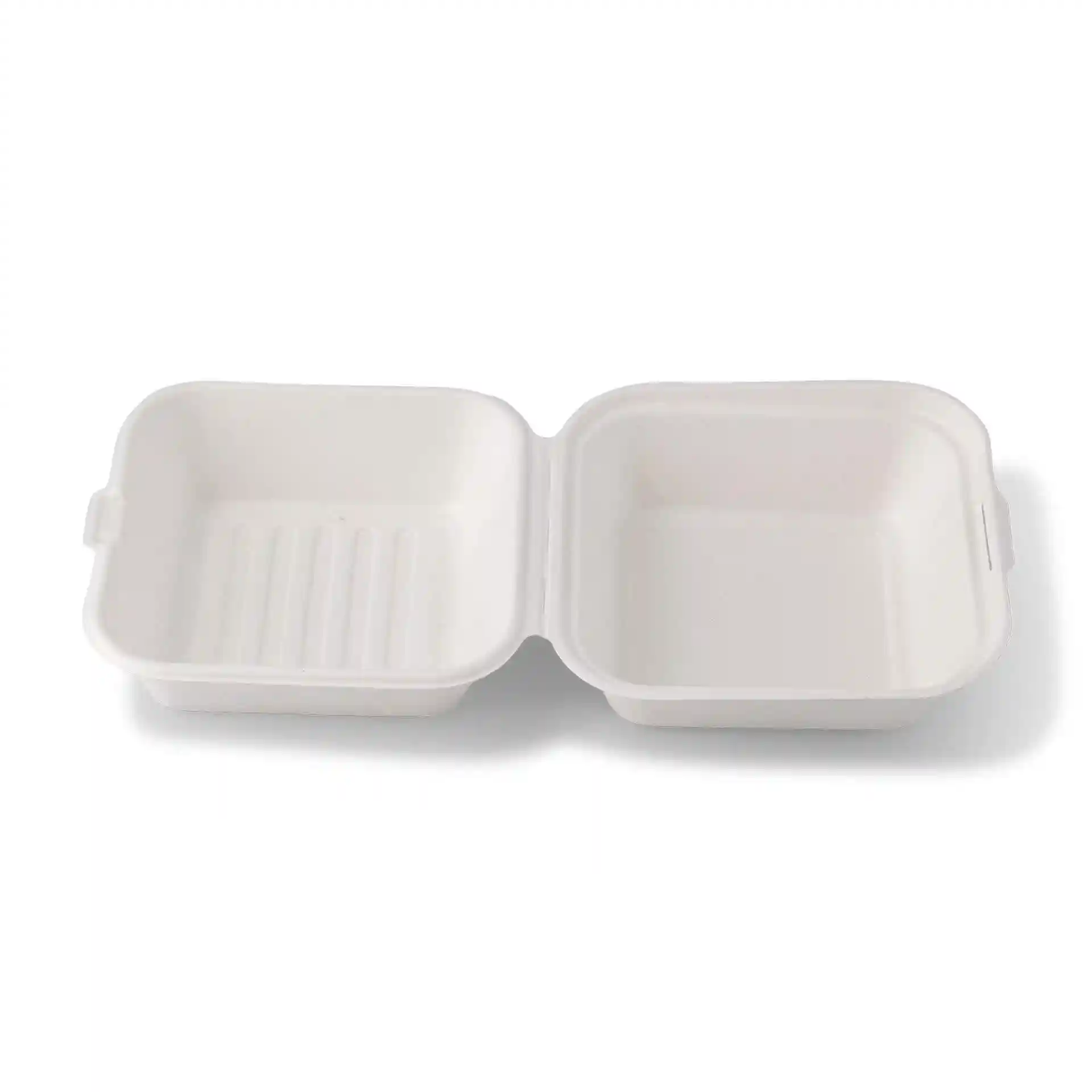 Weißer Zuckerrohr-Burger-Box mit zwei Fächern, eines mit Rillen, 15 x 15 x 8 cm groß.