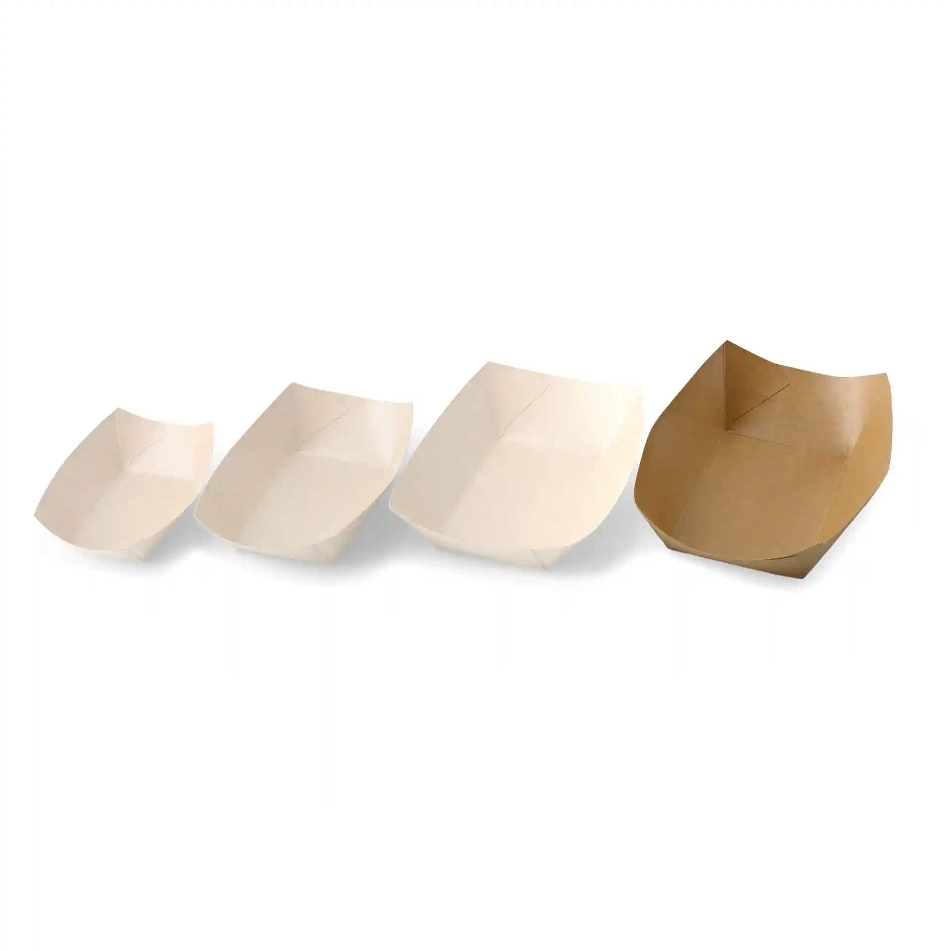 Four cardboard snack trays in varying sizes, three in light color and one in brown, arranged side by side.
