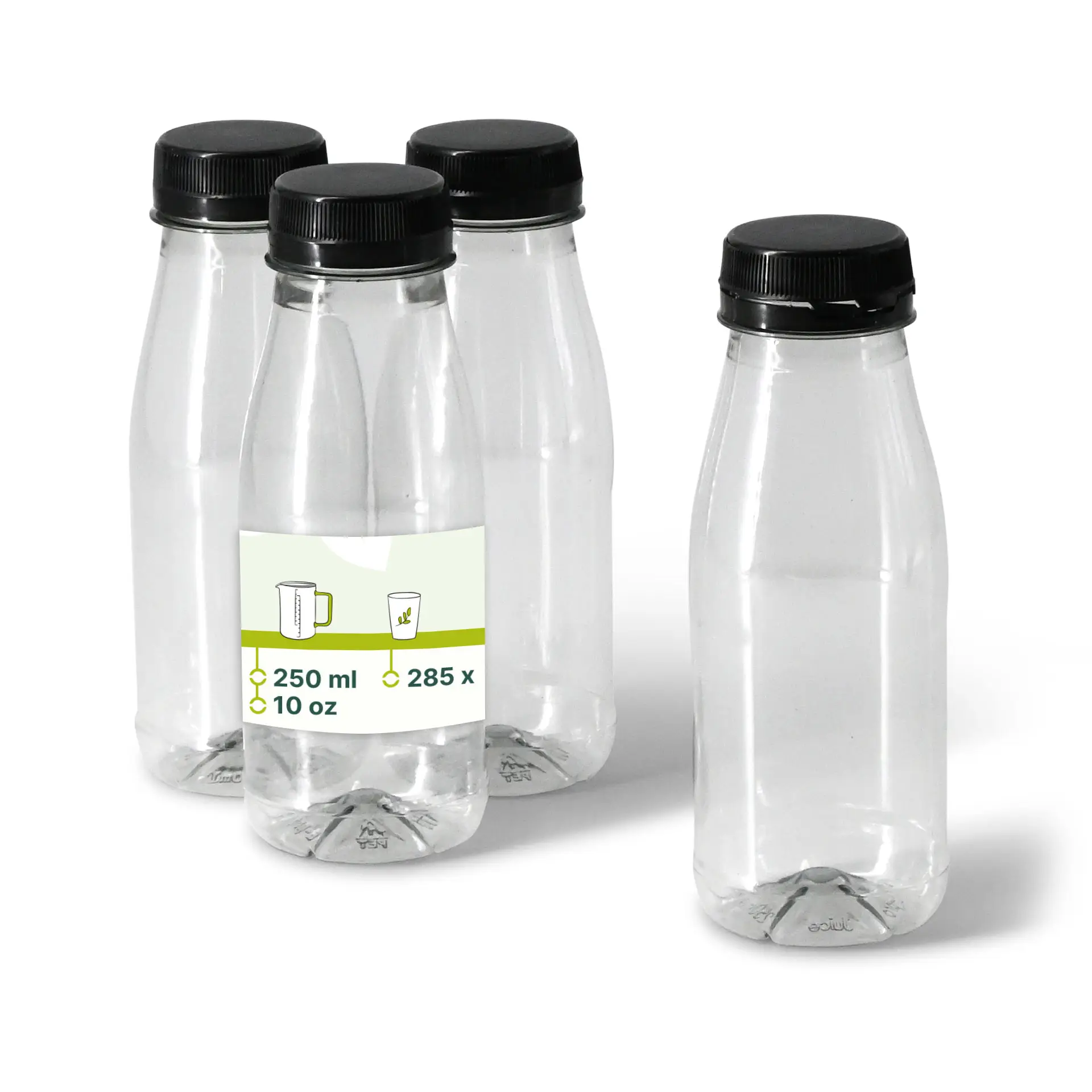 250 ml / 9 oz rPET-bottles, clear, black lid 250 ml / 9 oz rPET-bottles, clear, black lid