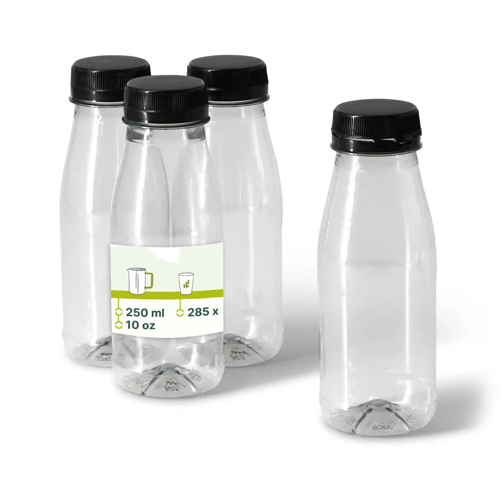 Klare rPET-Flaschen mit schwarzen Deckeln, 250 ml Kapazität, vier Flaschen abgebildet, eine mit Etikett.