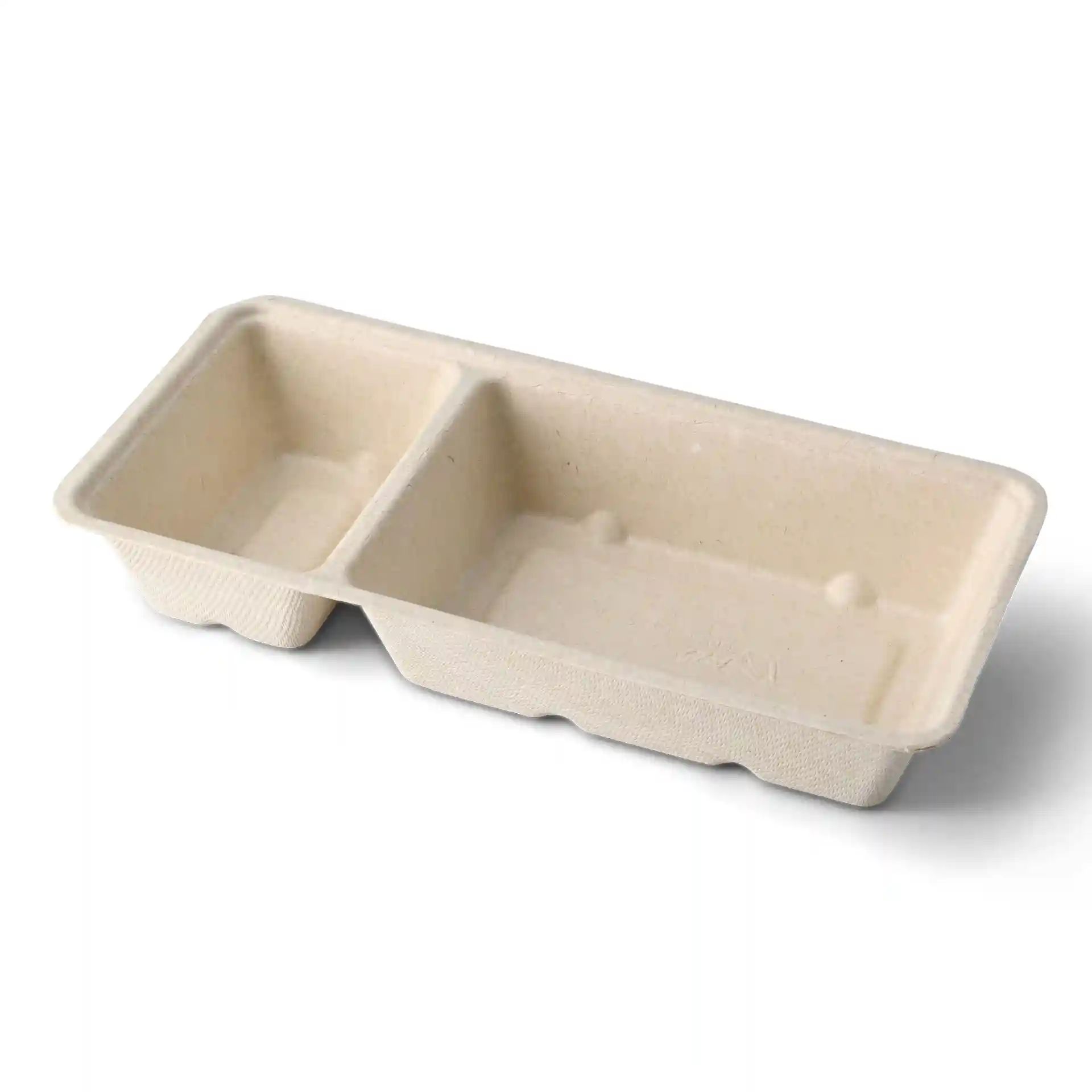 Rechteckige, cremeweiße Bagasse-Chip-Schale mit zwei Fächern, 9,5 x 20 x 3,5 cm groß.