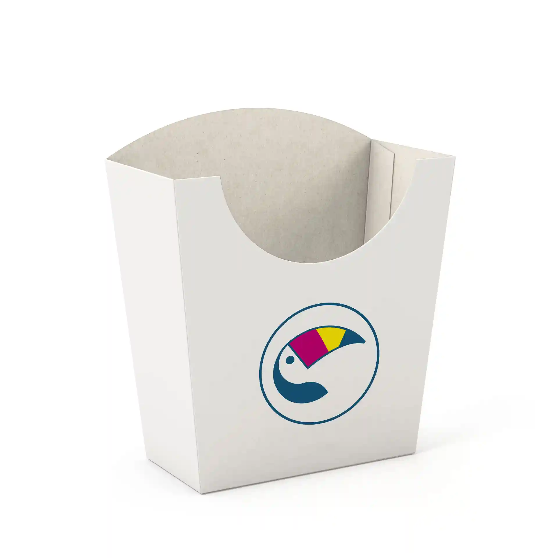 White rectangular french fry scoop with a curved top and a colorful toucan logo on the front.