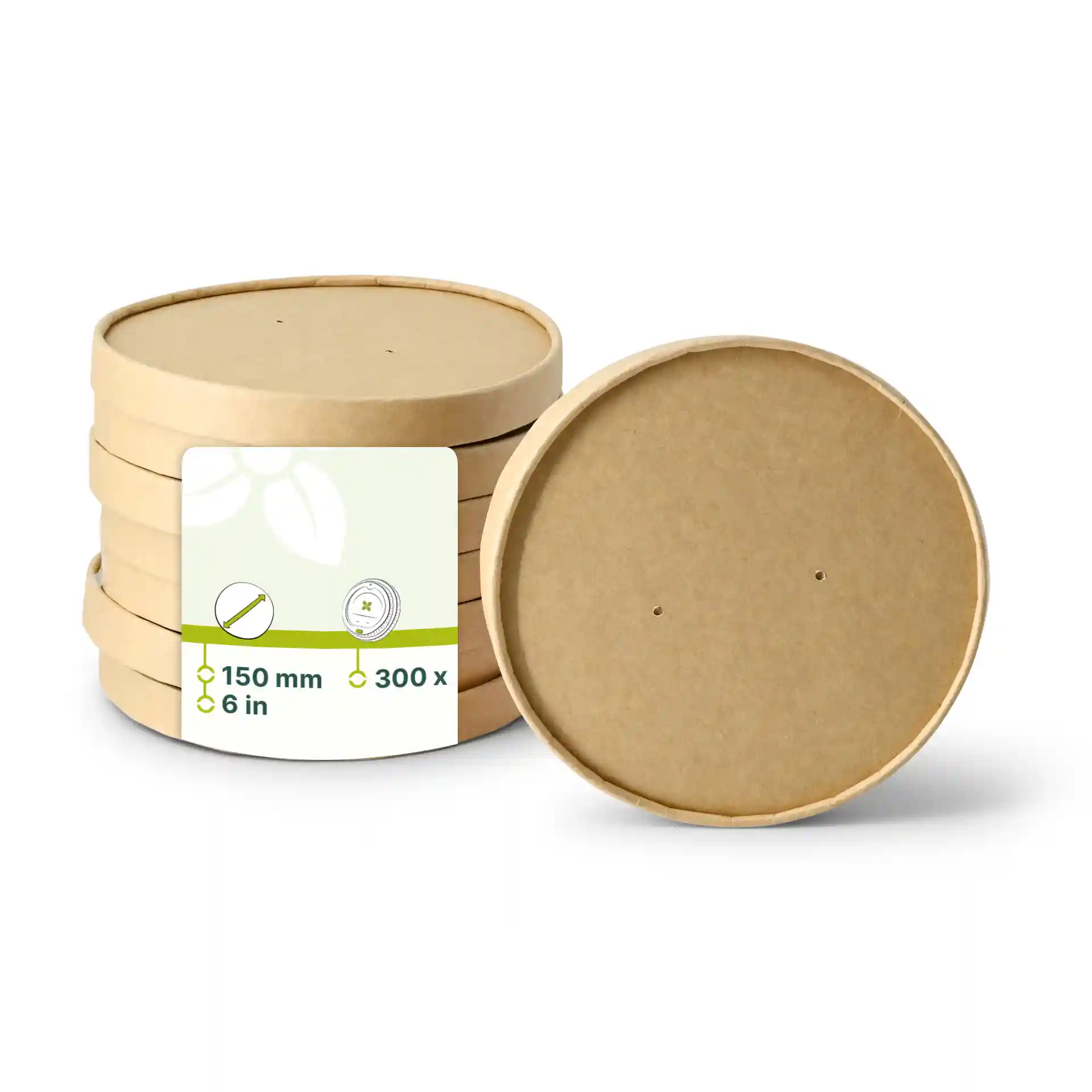 Round brown cardboard lids with a diameter of 150 mm, stacked with a label showing product details.