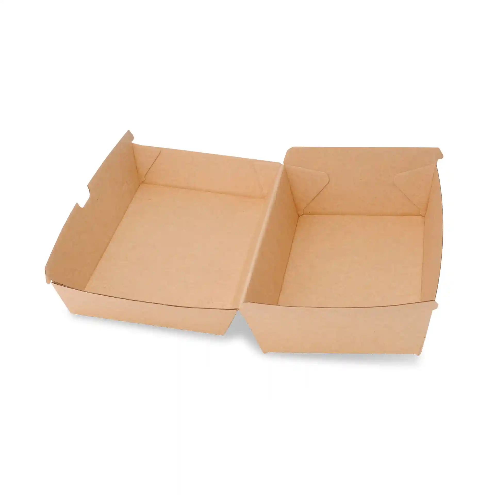 Brown cardboard food box with a hinged lid, rectangular shape, dimensions 24.8 x 13 x 7.5 cm.