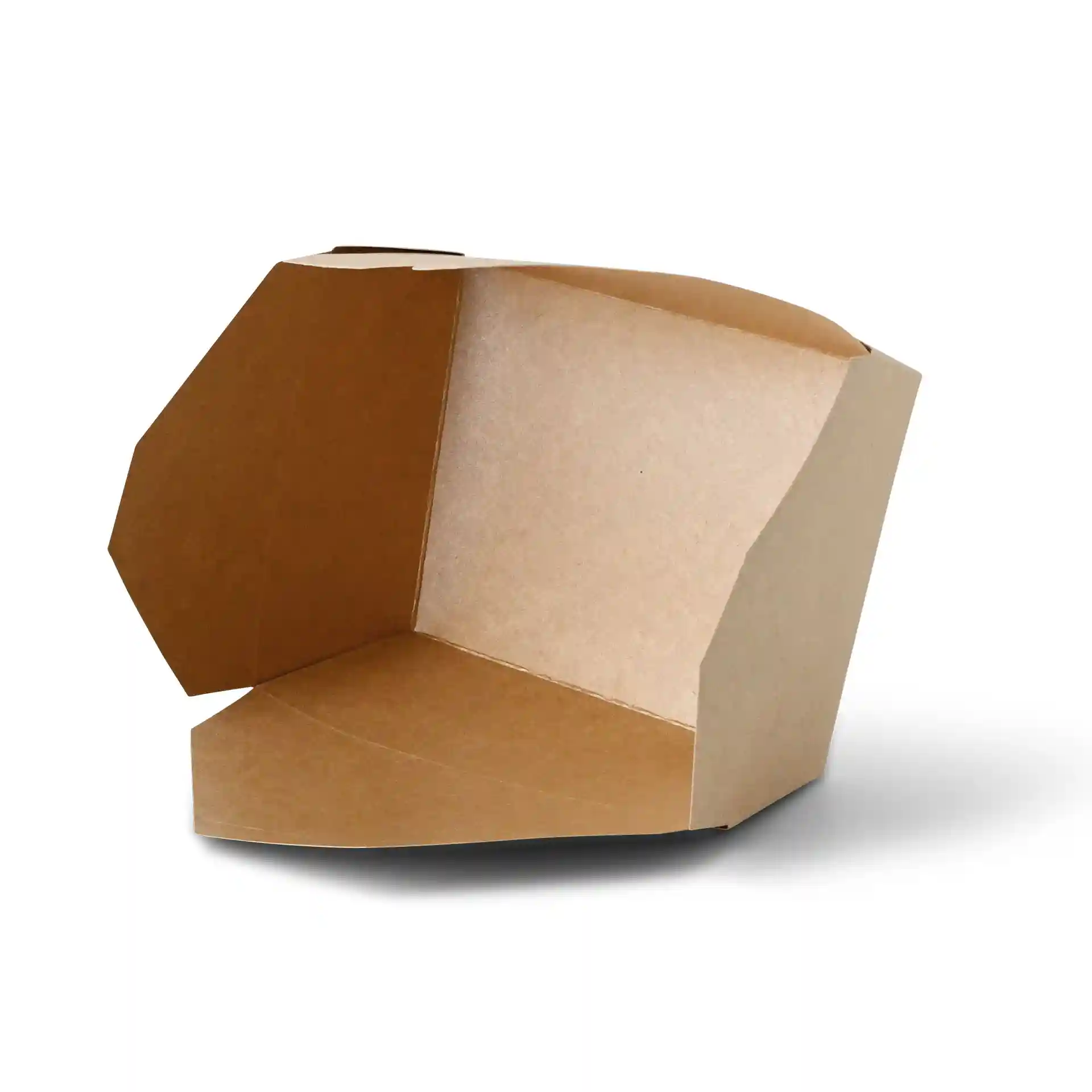 Brown takeaway container with an open top, showing the interior dimensions and shape.