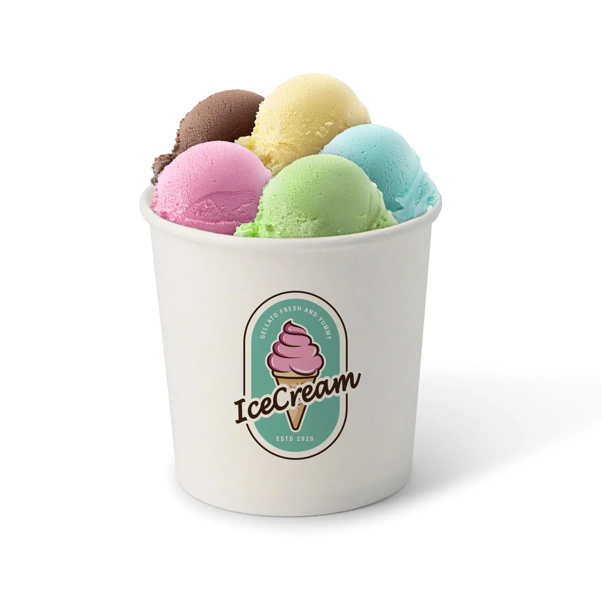 Cup filled with six scoops of various ice cream flavors, featuring a printed logo label.