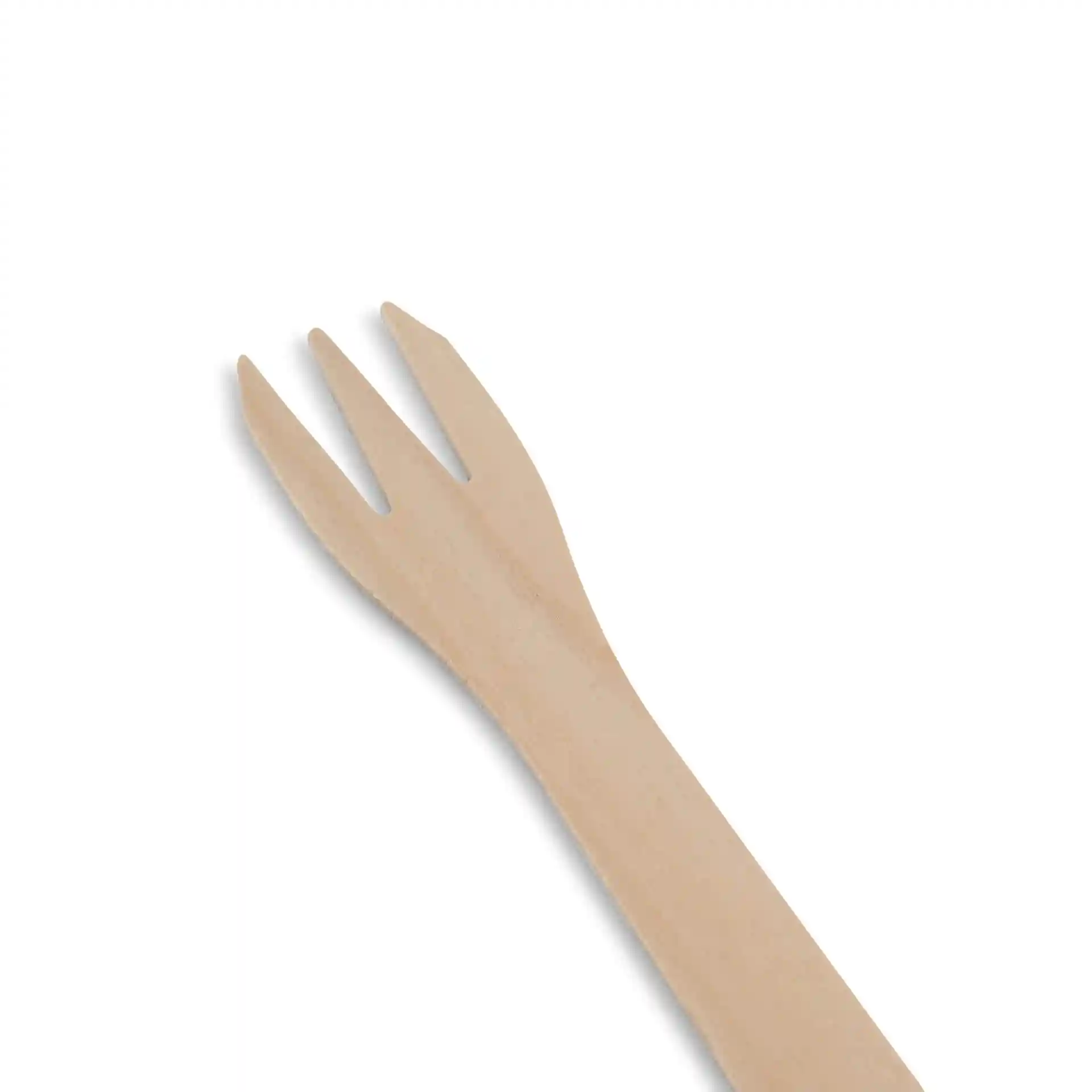 Wooden chip fork with three prongs, measuring 17.5 cm in length, on a plain white background.