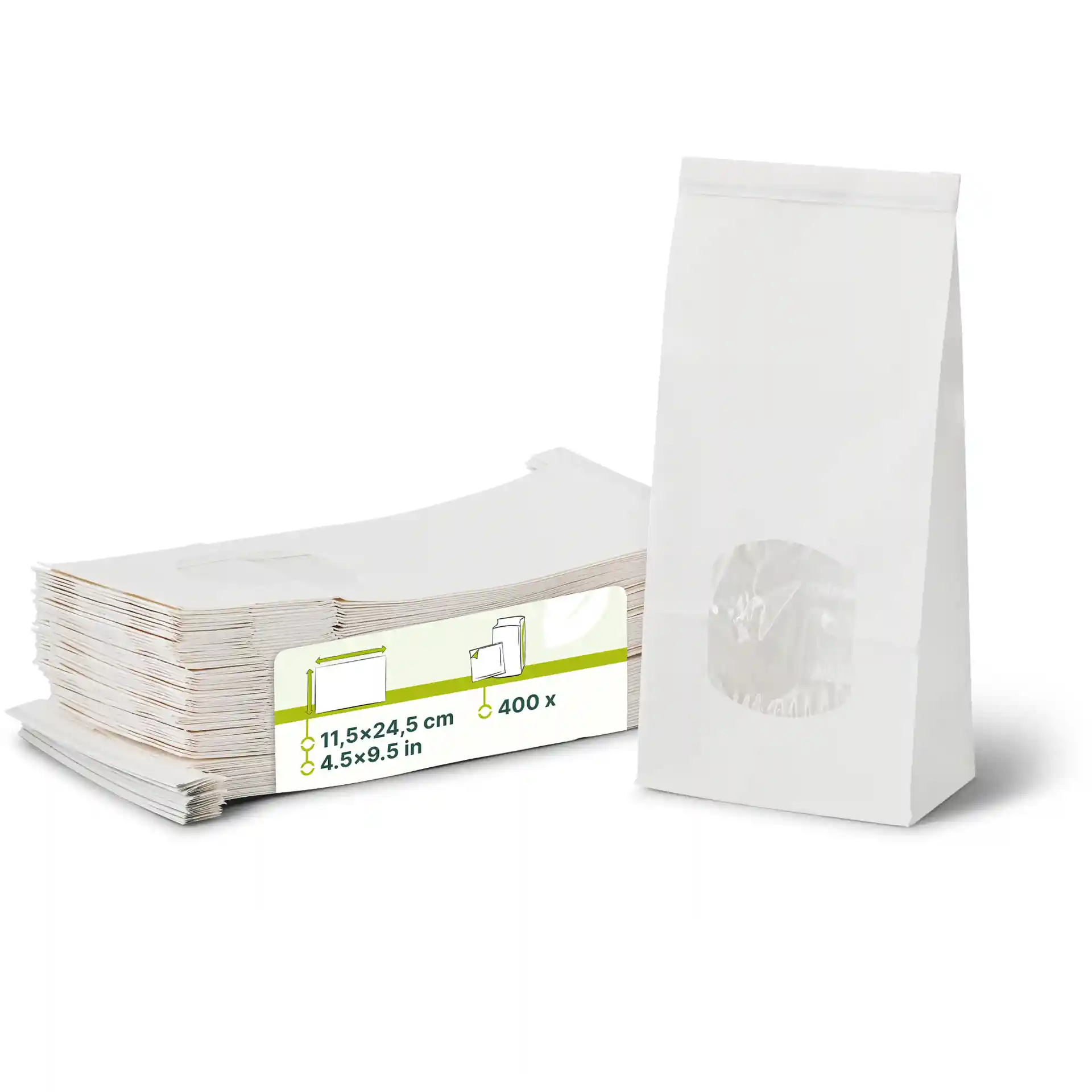 White block bottom bags with a viewing window, stacked beside a single bag, dimensions 11.5 x 24.5 cm.