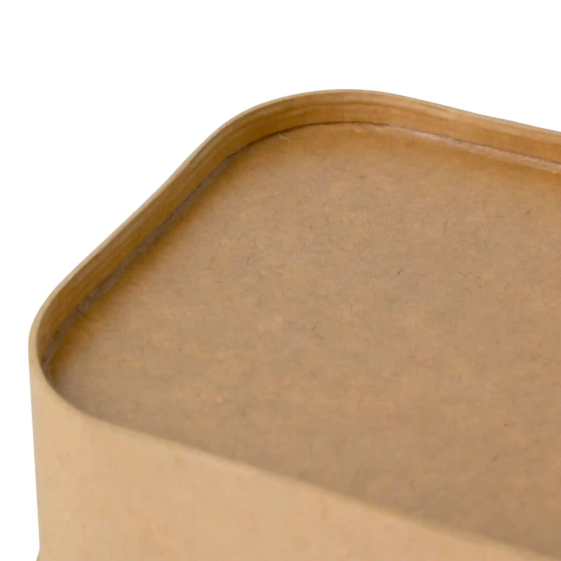 Close-up of the top edge of a rectangular brown cardboard food container.