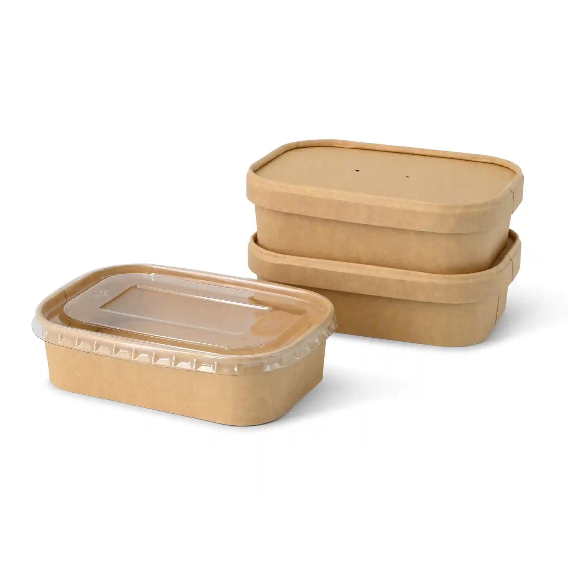Three rectangular kraft food containers with a clear lid, one on the bottom and two stacked above.