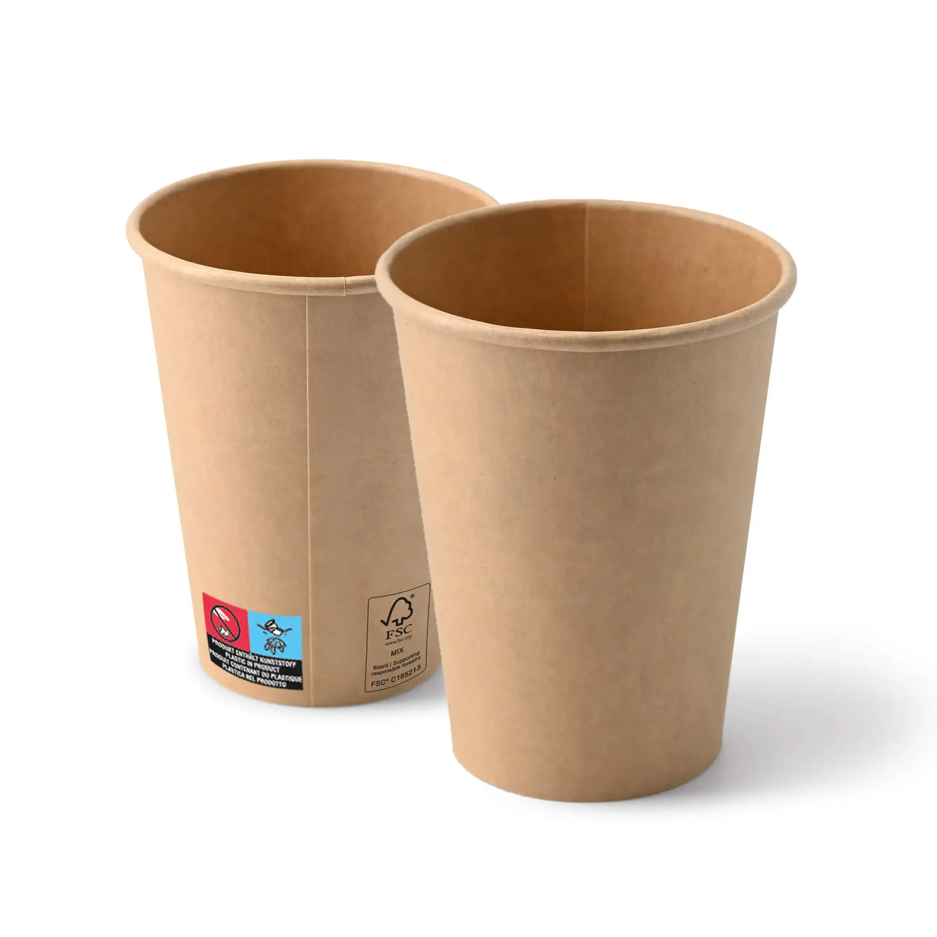 One brown paper cup with a PE coating, designed for serving beverages; another similar cup visible behind it.