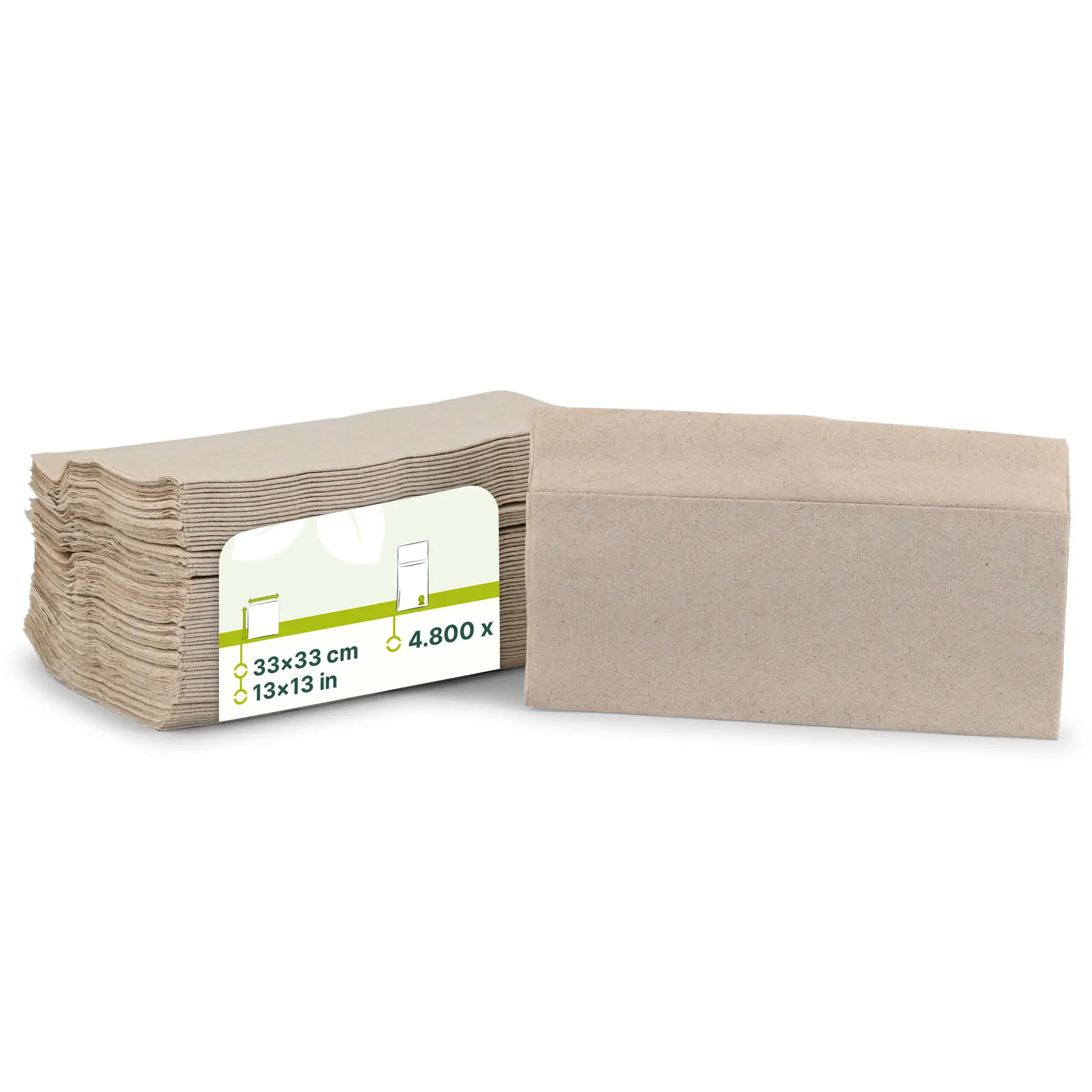 Stack of unbleached paper napkins, 33 x 33 cm, with a label showing product details and a rectangular shape.