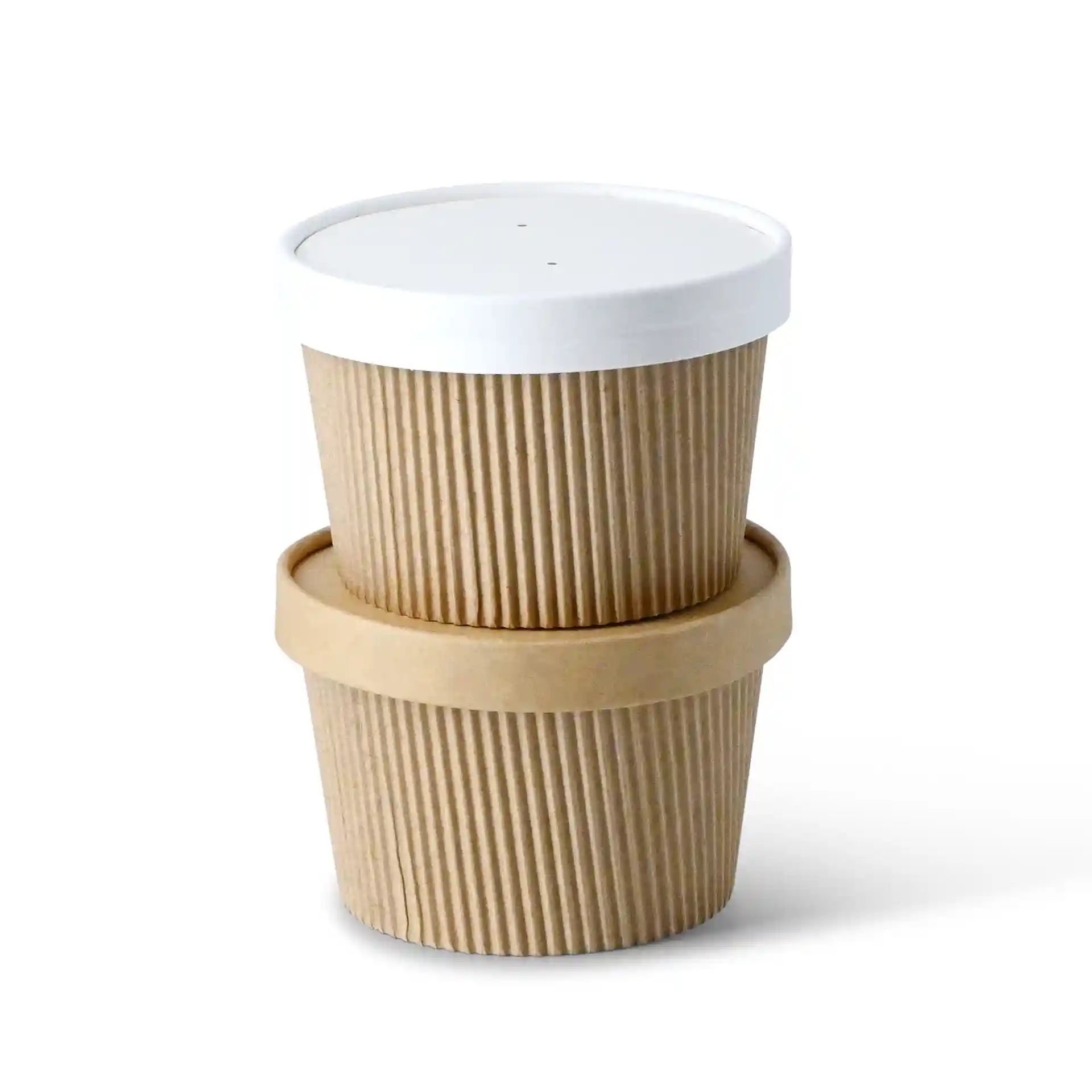 Brown ribbed cardboard soup cups stacked, with a white lid on the top cup.