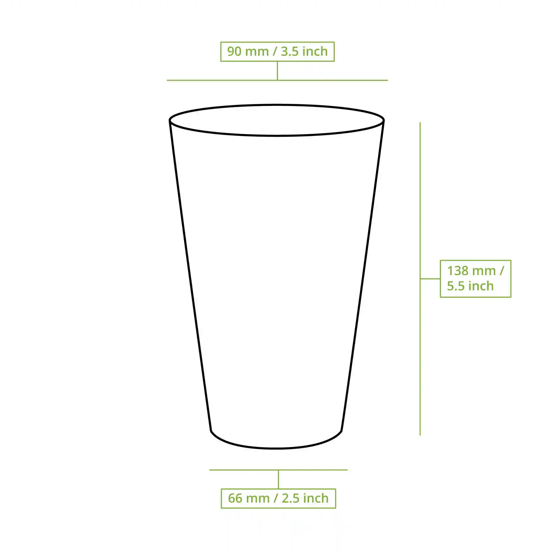 Schematic drawing of a transparent reusable cup with dimensions: height 138 mm, top diameter 90 mm, bottom diameter 66 mm.