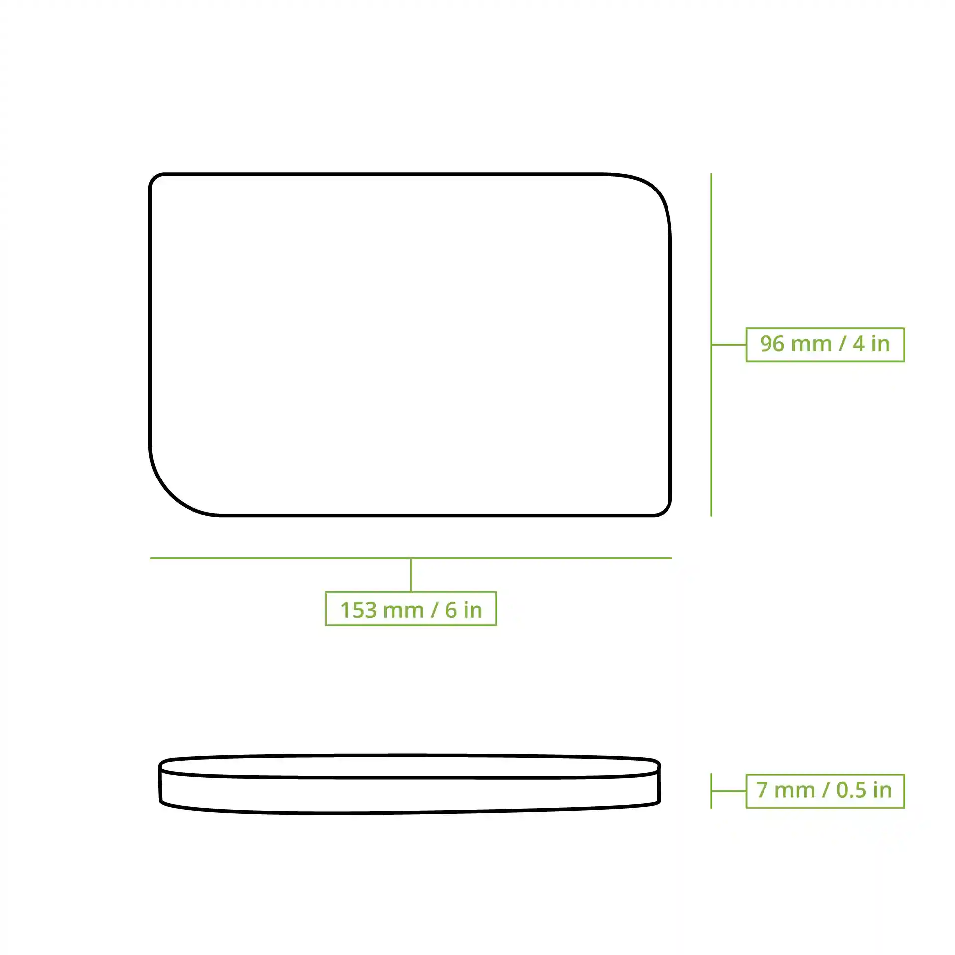 Schematic drawing of a rectangular lid with rounded corners, dimensions 153 mm by 96 mm, height 7 mm.