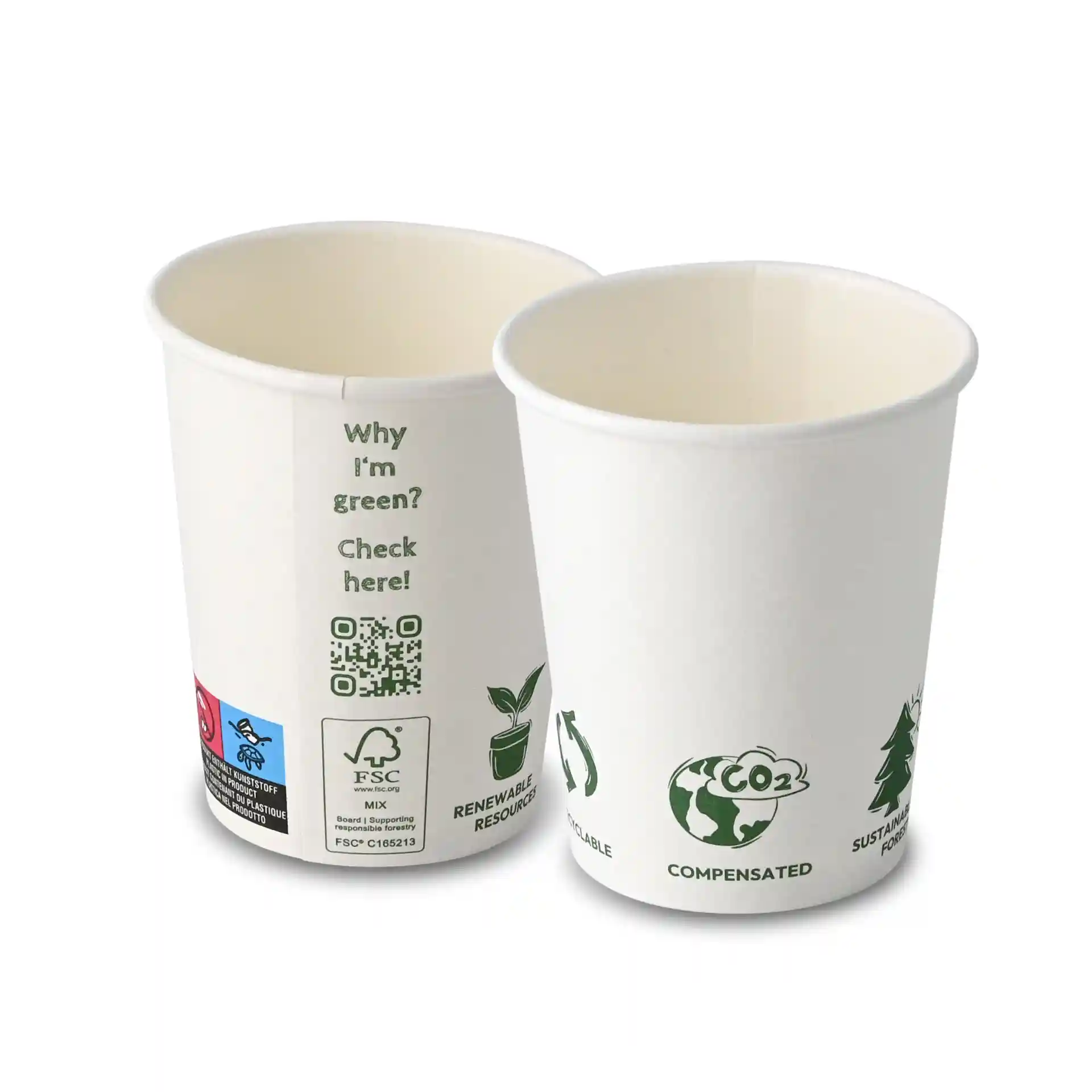 Weißer Becher mit einem Durchmesser von 80 mm und einer Höhe von 90 mm, mit verschiedenen umweltbezogenen Symbolen auf der Außenseite.