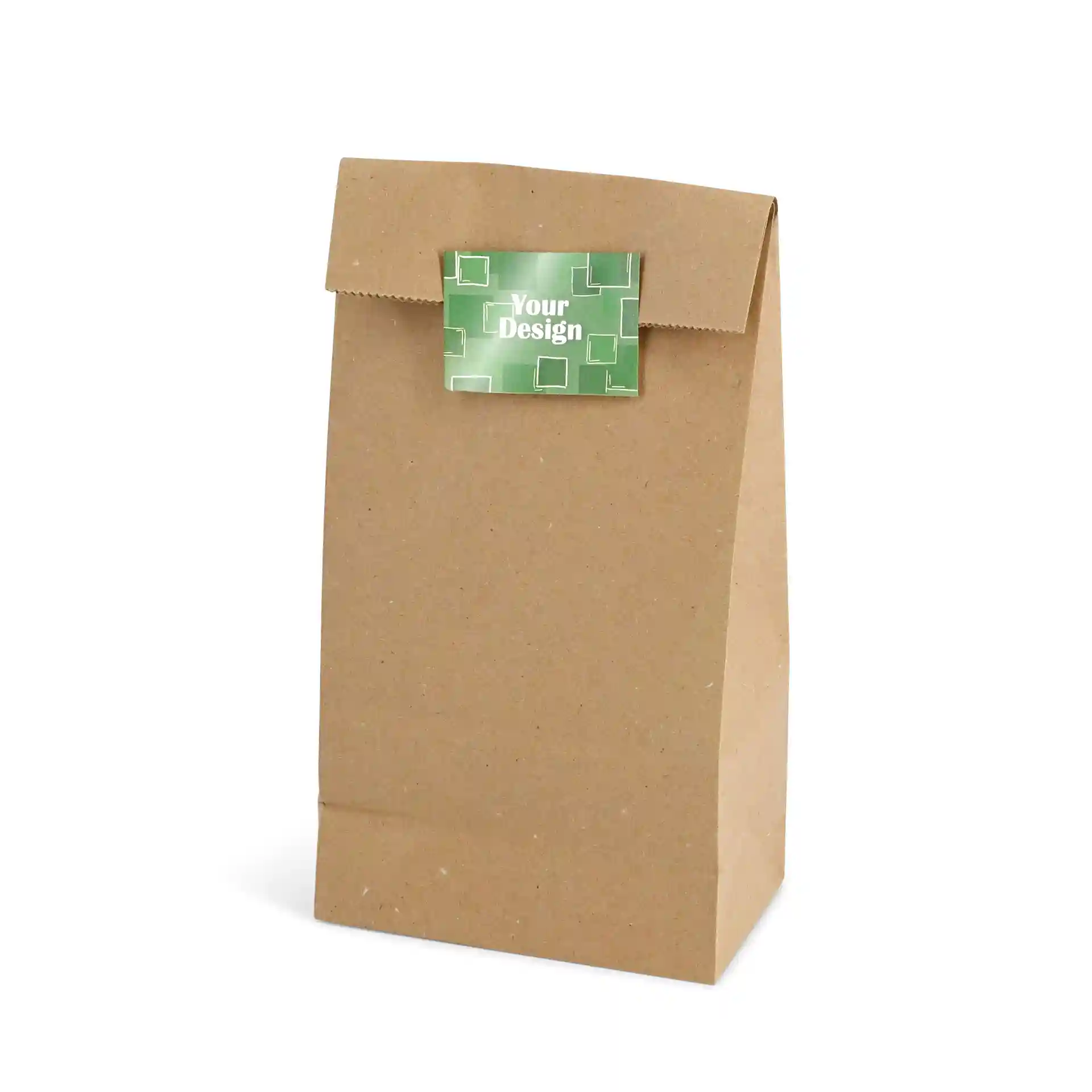 Brown paper bag with a rectangular green label at the top displaying a design.