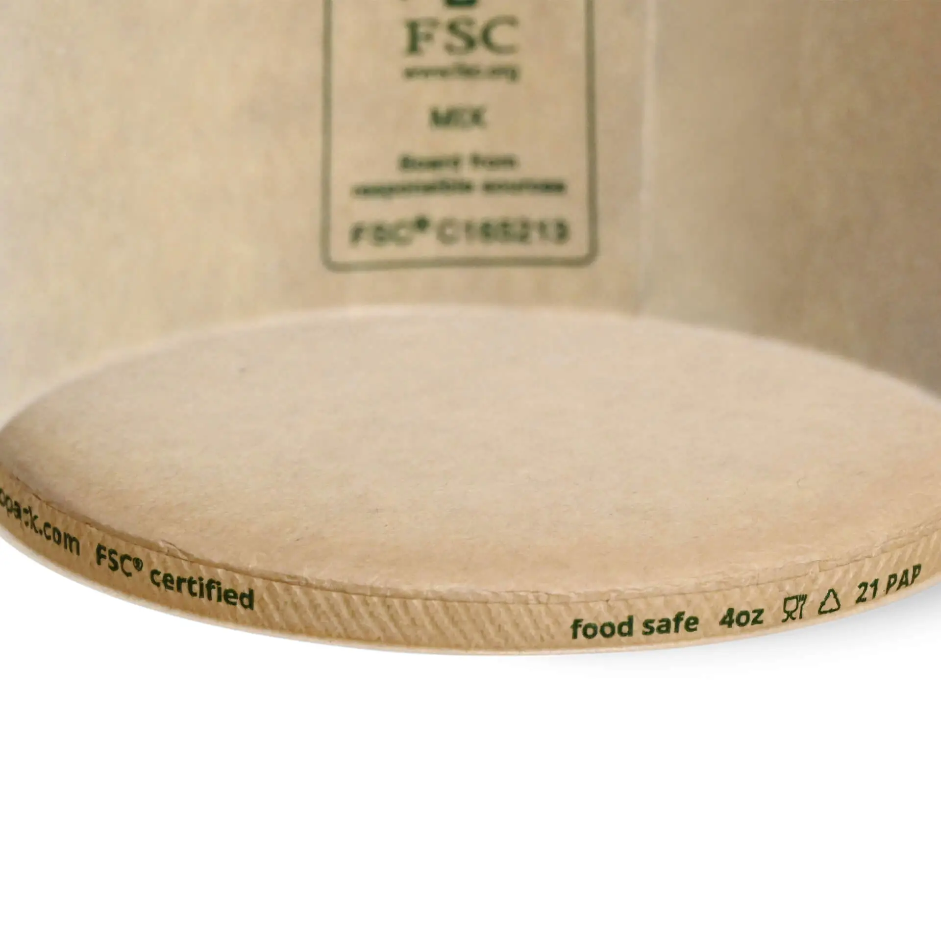 One brown paper ice cream cup with a water-based barrier; markings indicating FSC certification and biodegradable features.