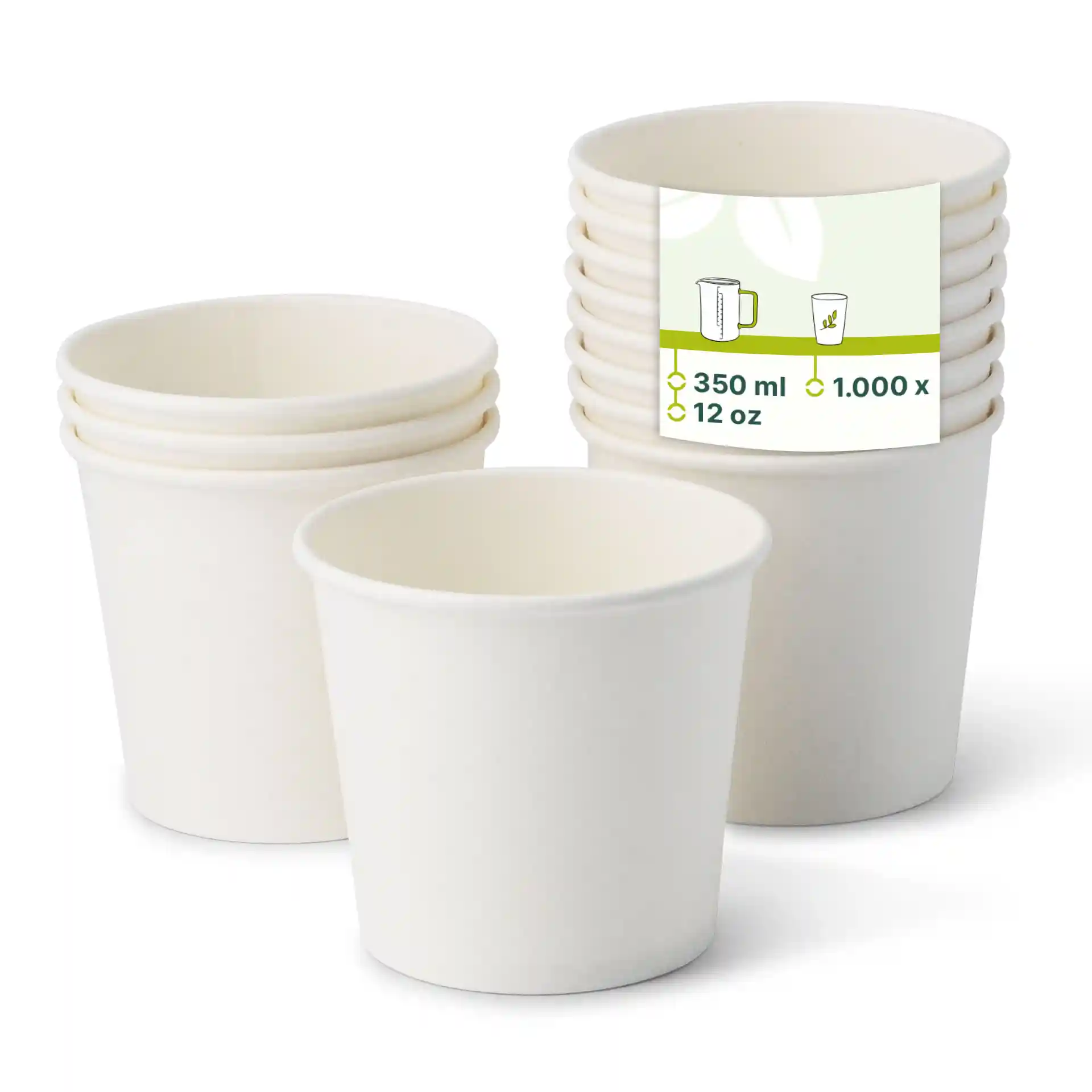 Stapel weißer Papiereisbecher mit einem Becher vorne, der ein Etikett mit Kapazitätsdetails zeigt.