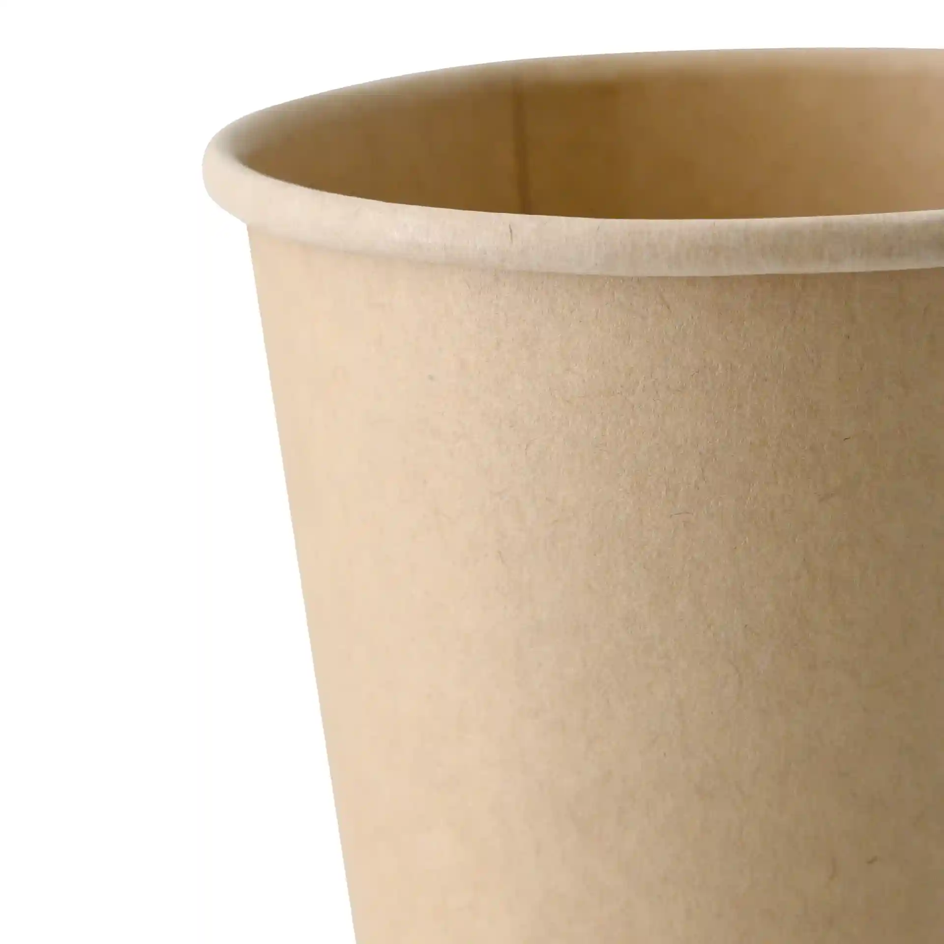 Brauner Becher aus Papier mit einfacher Wand, 200 ml Fassungsvermögen, zeigt den oberen Rand und das Innere.