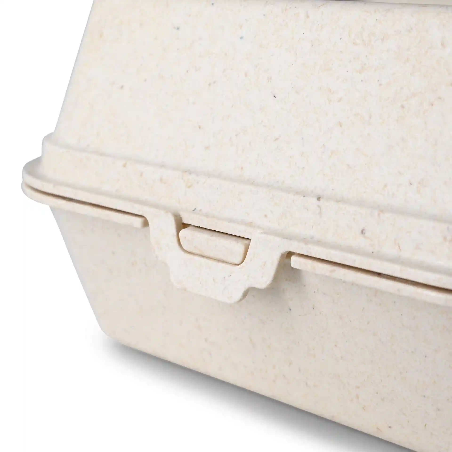 Cremig weiße wiederverwendbare Burgerbox mit sicherem Verschluss, aus biologischem Verbundmaterial.