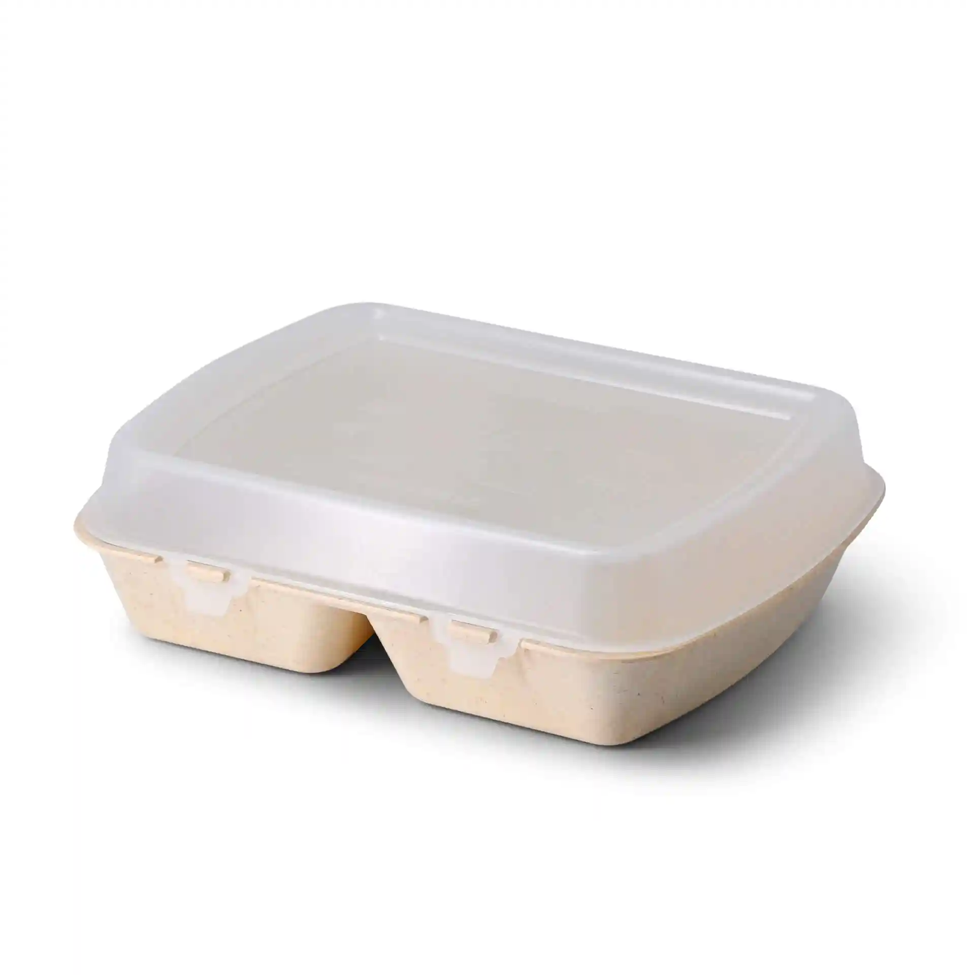 Deep reusable meal container with two compartments, cream white color, and a transparent lid.