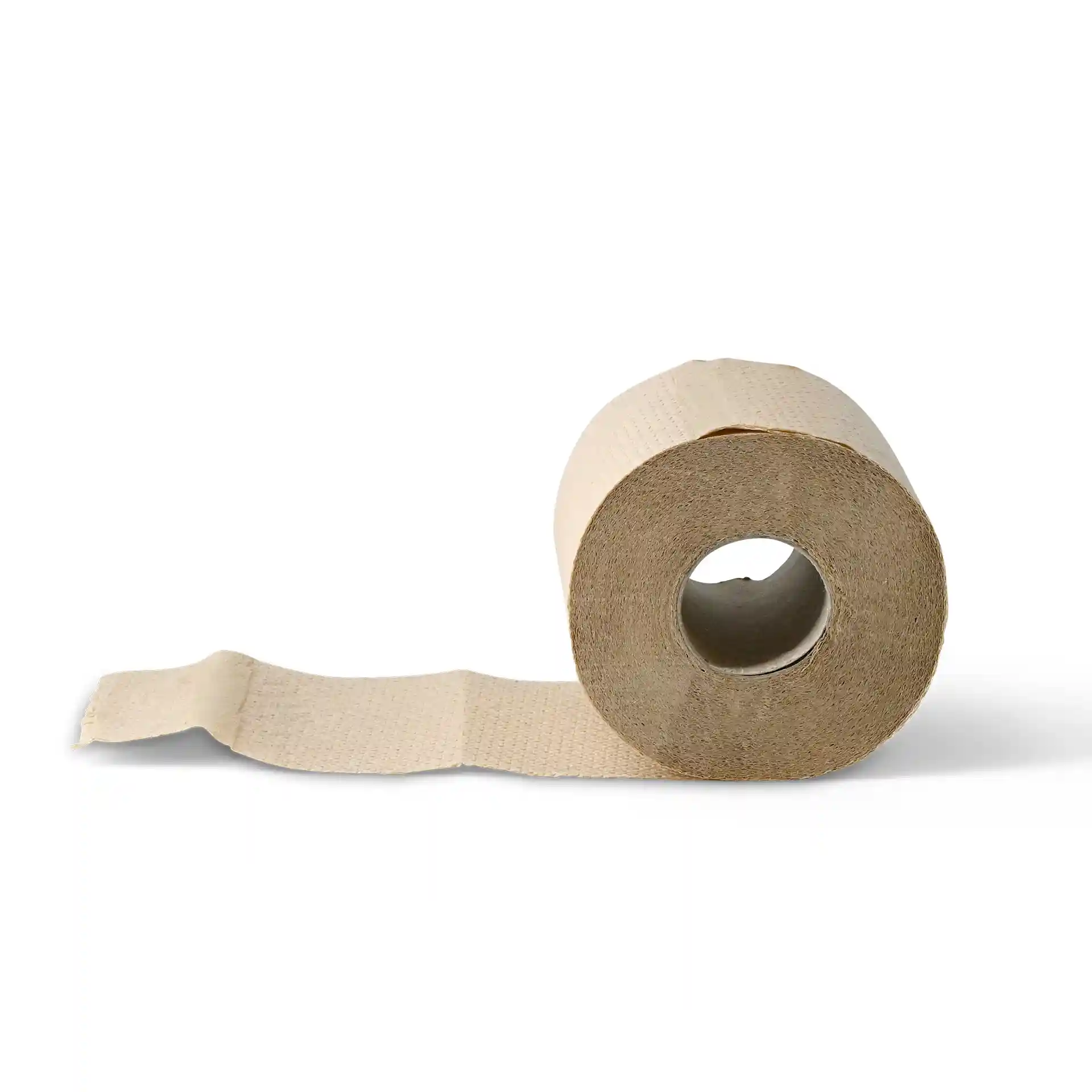 Brown 2-ply toilet paper roll made from recycled paper, with 300 sheets visible and partially unrolled.