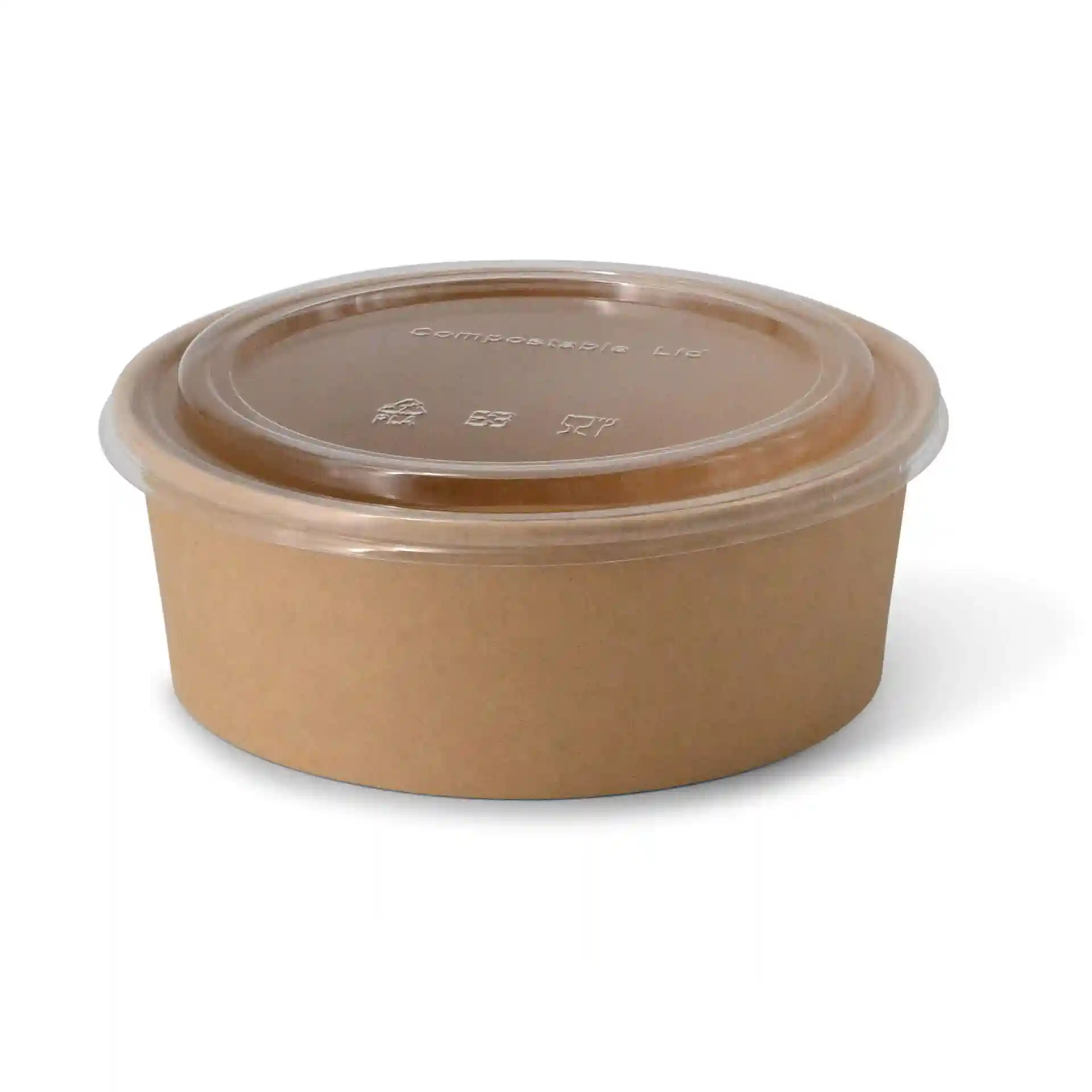 Round brown paper bowl with a clear lid, 185 mm diameter, 65 mm height, made of cardboard.