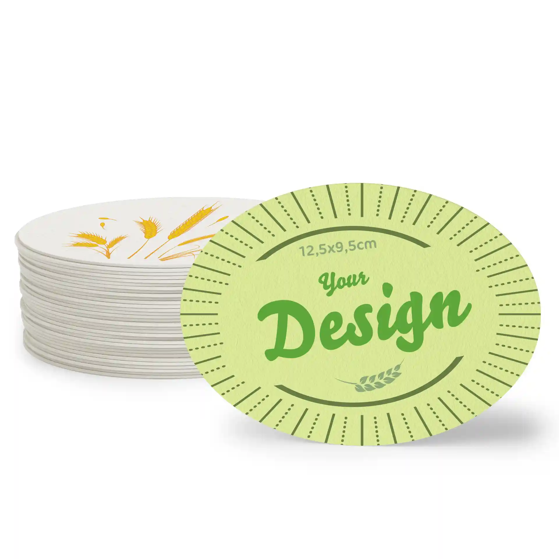 Ovale bedruckte Untersetzer, 12,5 x 9,5 cm, mit einem Stapel Untersetzer und grünem Design mit Text und Weizenillustrationen.