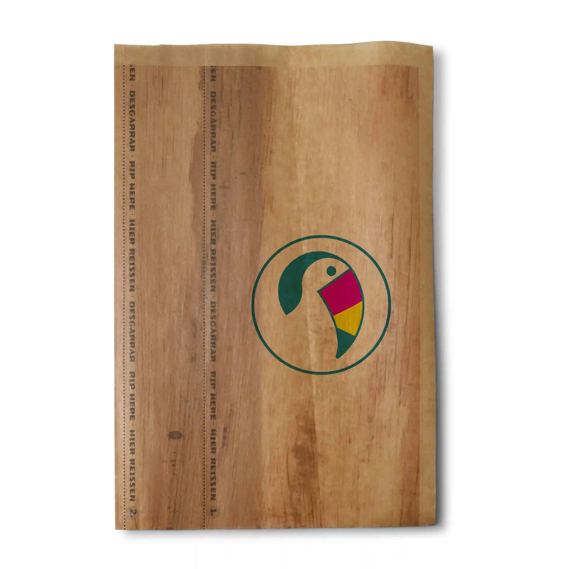 Brown printed wrap bag with adhesive closure, featuring a circular logo with a stylized bird design.