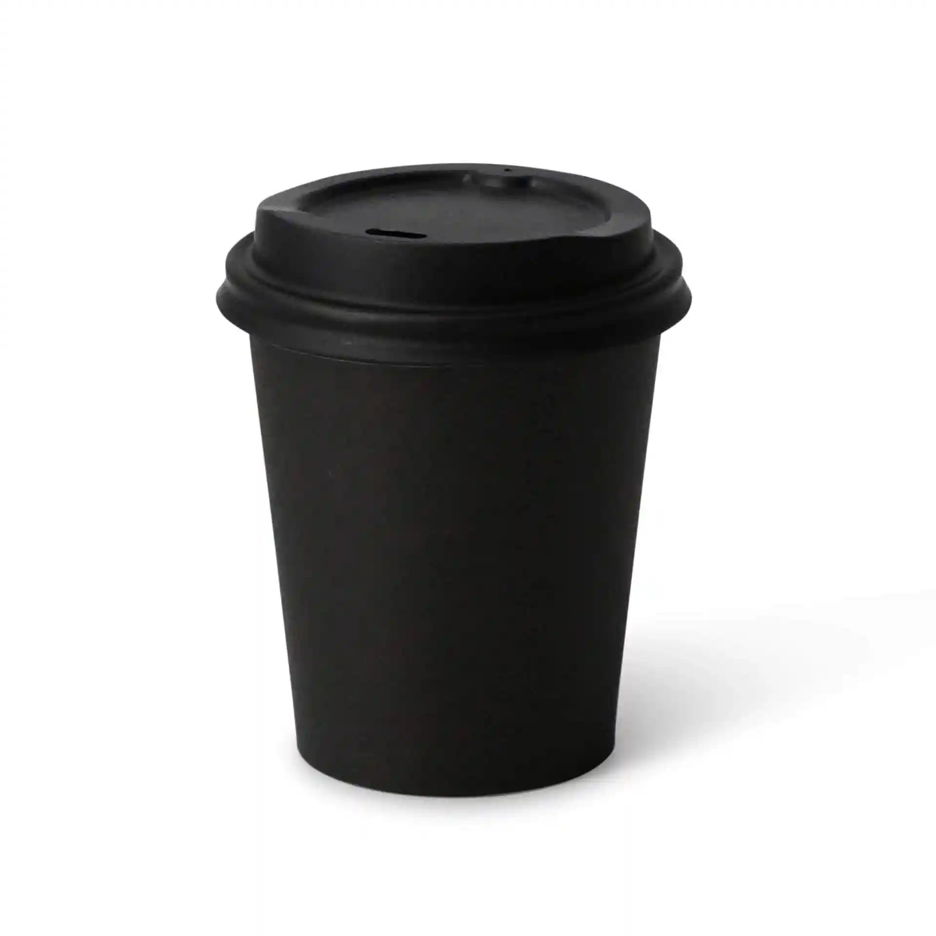Black 8 oz paper cup with a round shape and a coated surface, featuring a matching lid.