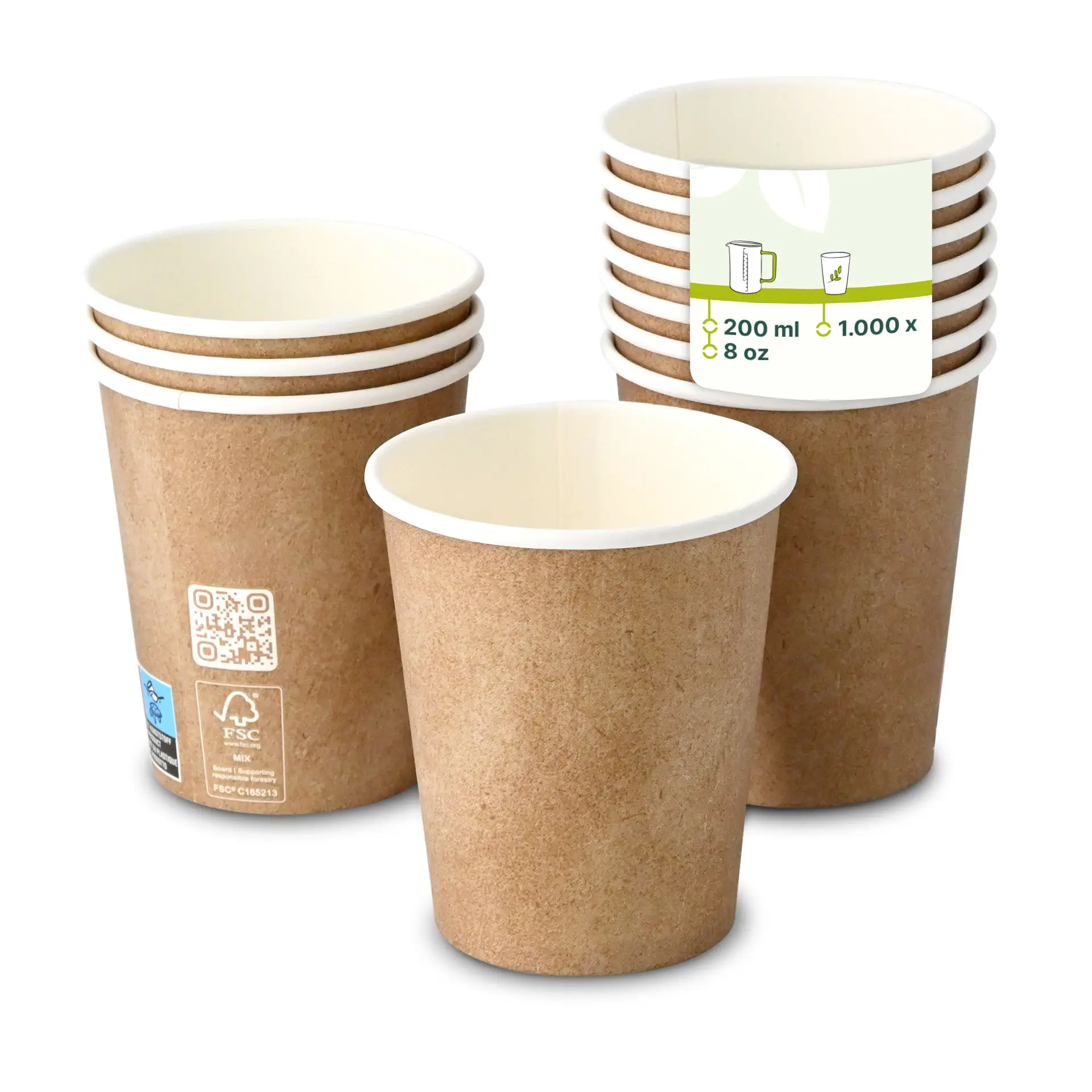 Brown paper cups with white inner coating, single wall, 200 ml capacity, stacked with one cup in front.