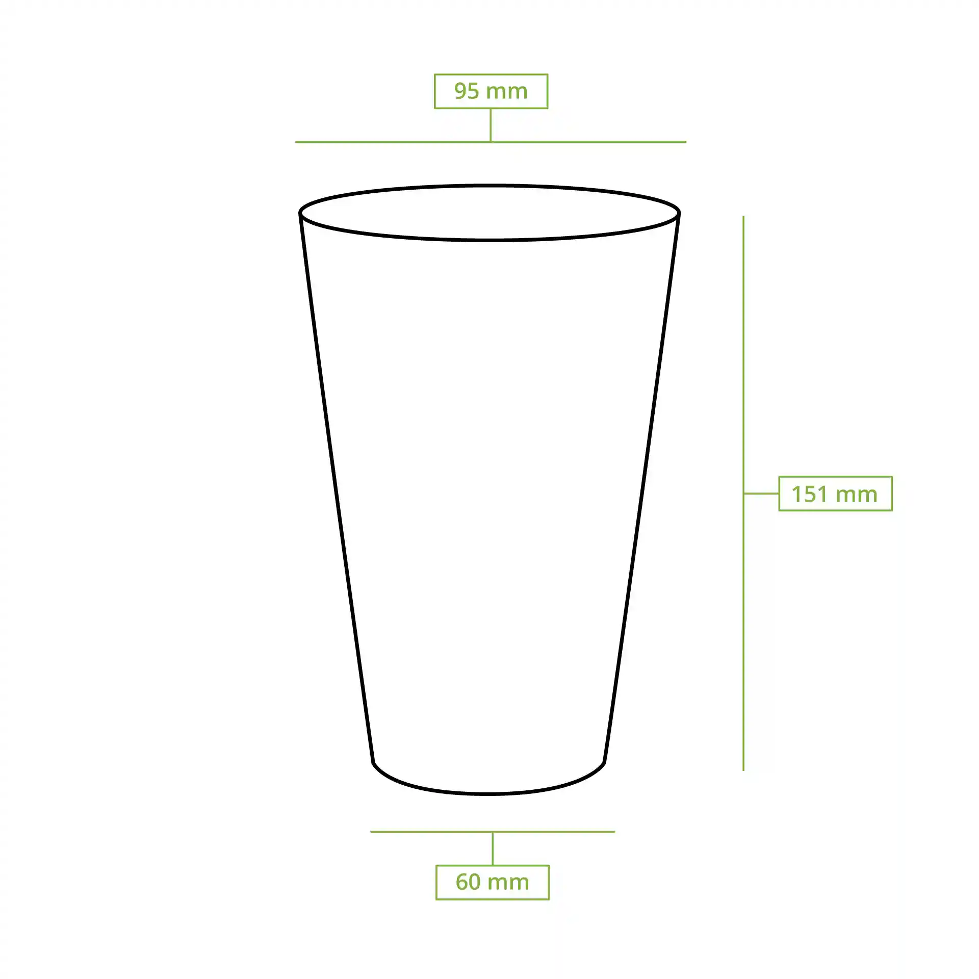 Schematische Zeichnung eines transparenten Bechers mit Abmessungen: Höhe 151 mm, oberer Durchmesser 95 mm, unterer Durchmesser 60 mm.