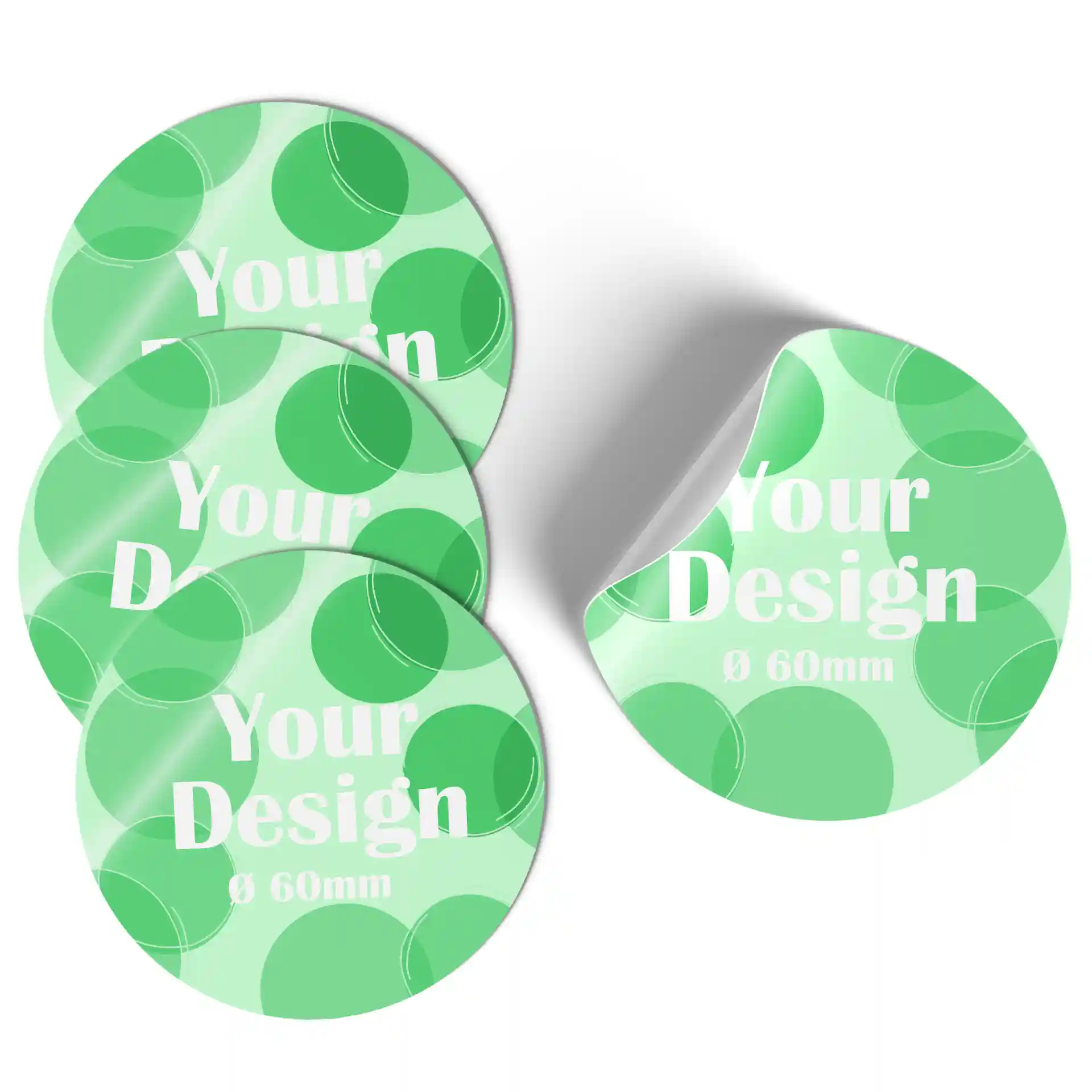 Round printed labels with a green design, measuring 60 mm in diameter, displayed in a stack.