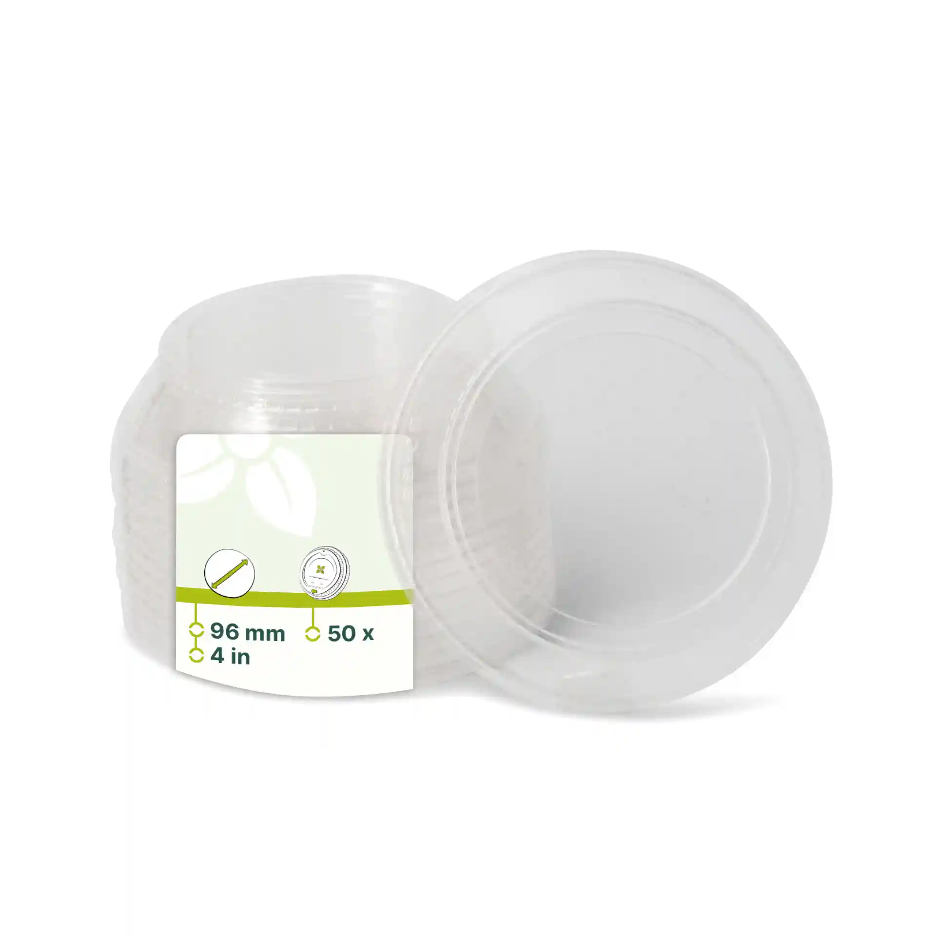 Transparent PLA lid with a diameter of 96 mm, shown with a label and additional lids in the background.